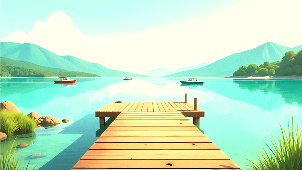 A wooden dock extends over calm turquoise water surrounded by mountains, with small boats floating in the distance.