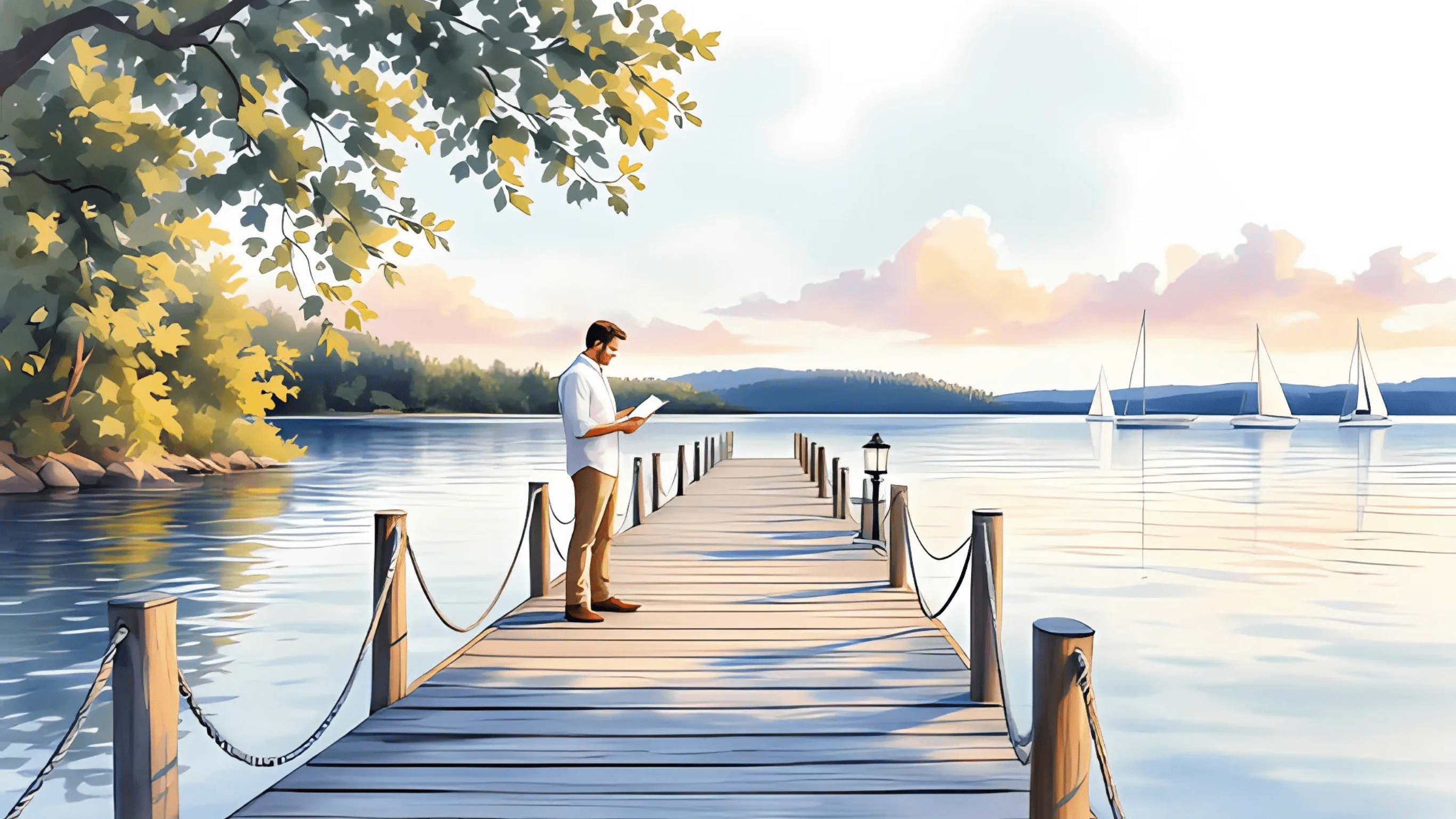 A man stands reading on a wooden dock surrounded by calm water, sailboats, and lush trees under a pastel-colored sky.