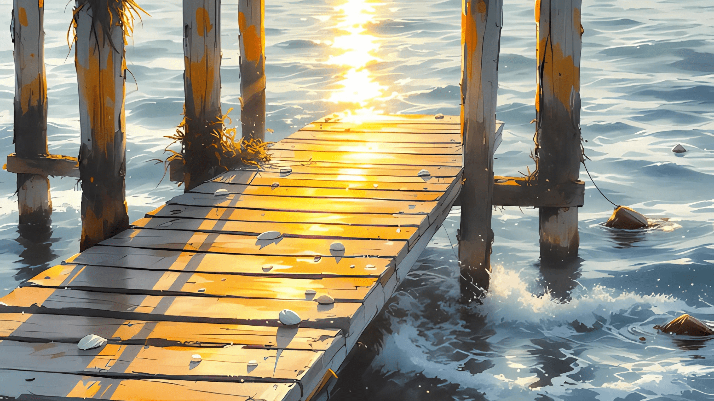 A weathered wooden dock with seashells and seaweed basks in golden sunlight reflecting off the rippling water below.