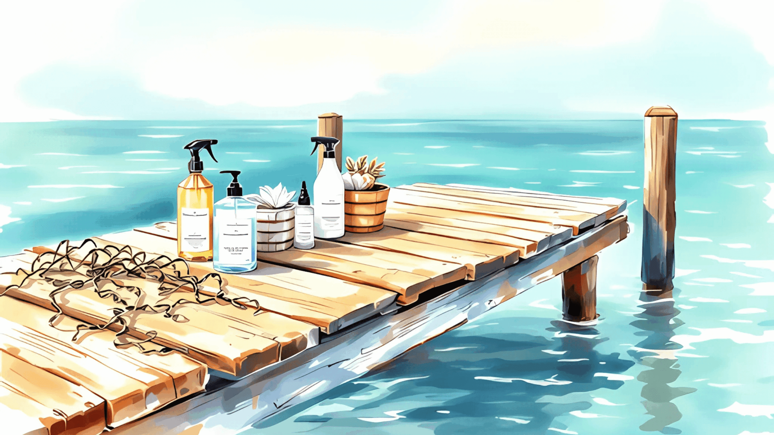 A wooden dock with cleaning supplies, a plant, and seaweed rests above calm blue waters under a bright, sunny sky.