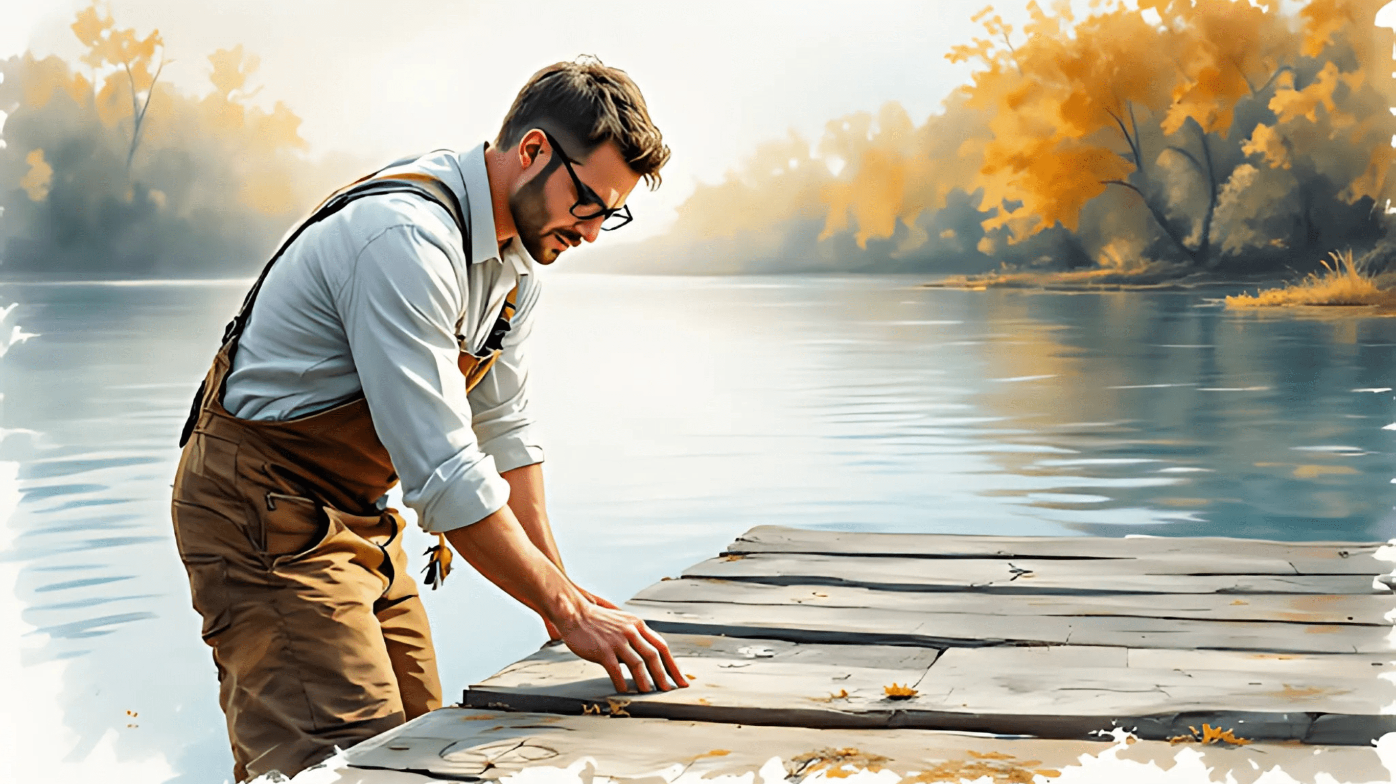 A man wearing overalls examines a wooden dock by a calm river surrounded by autumn trees and soft morning light.