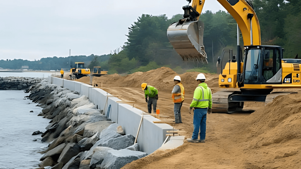 Construction crew building a seawall with heavy machinery and large rocks along a waterfront to prevent erosion.