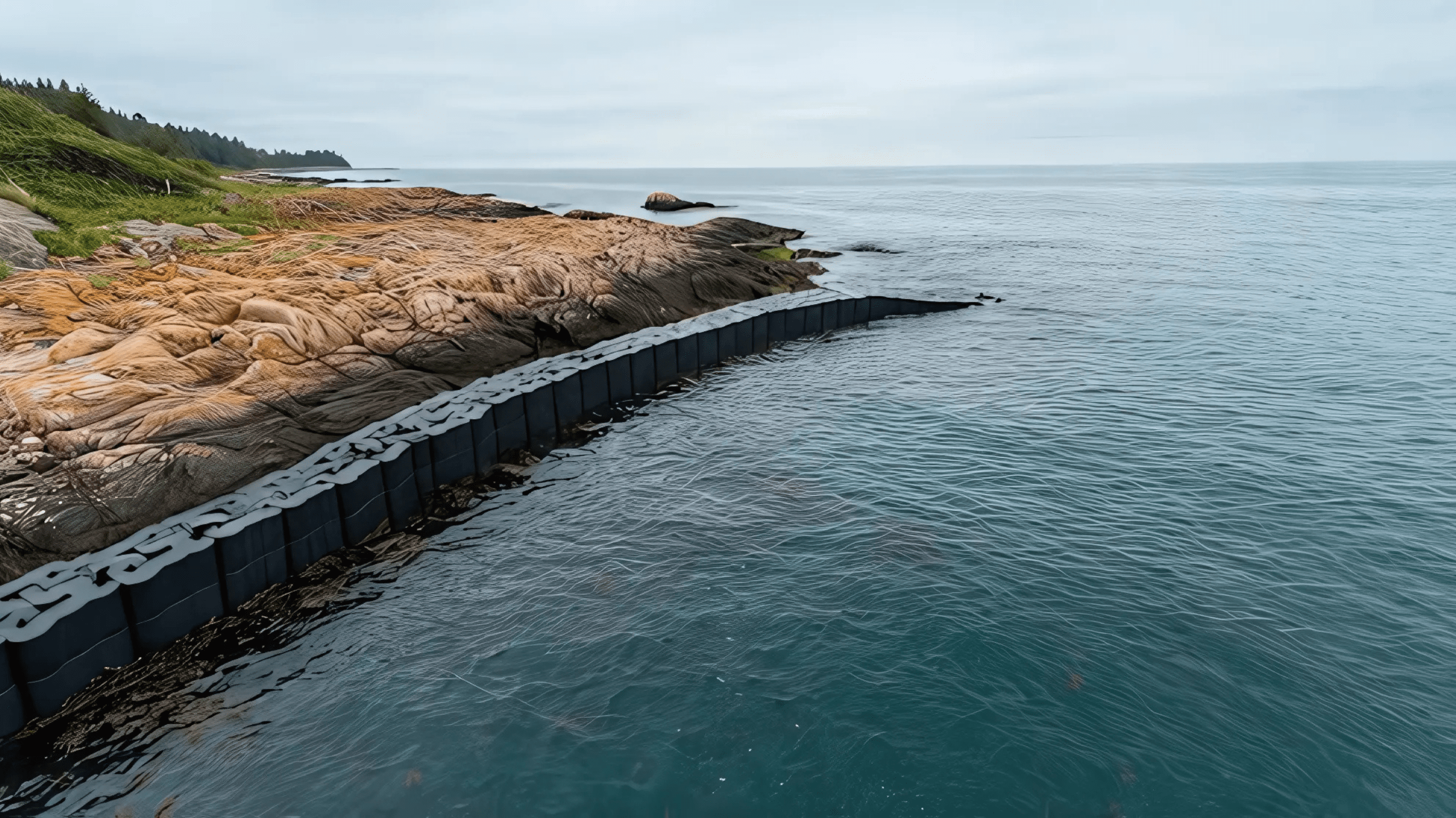 Coastal seawall protecting rocky terrain from ocean waves, with clear blue water and distant shoreline in the background.