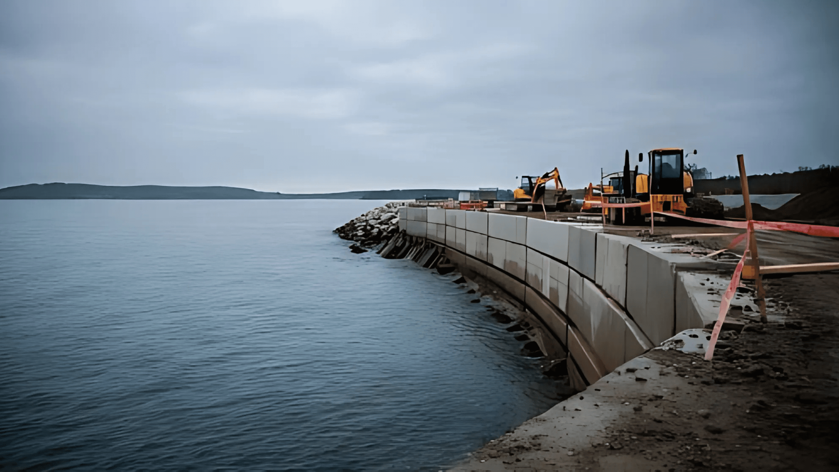 Seawall construction site with heavy machinery and barriers along a calm waterfront under an overcast sky.