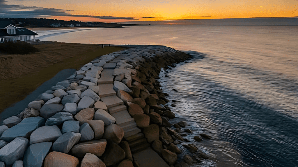 A stone seawall with steps leads to the shoreline, overlooking calm waters at sunset with a house and distant beach in view.