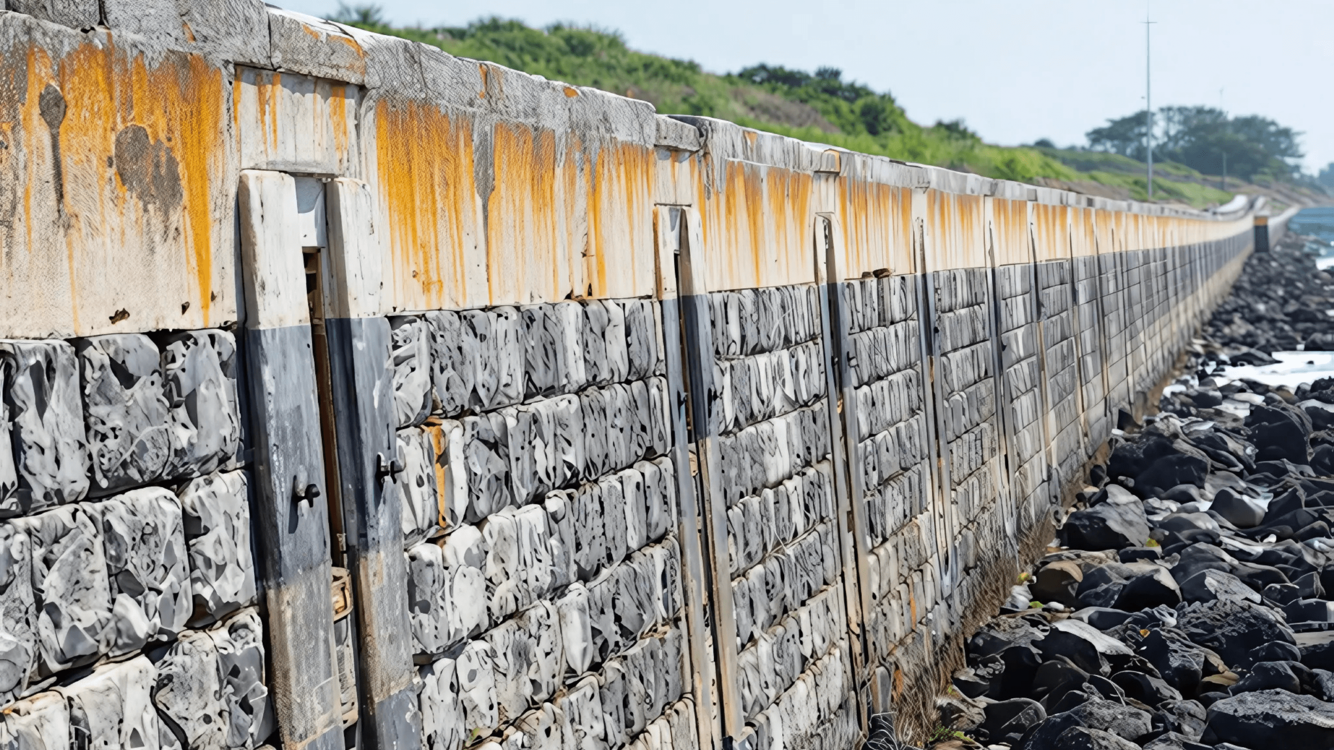 A weathered seawall with rust stains and textured blocks runs along a rocky shoreline, bordered by greenery in the distance.