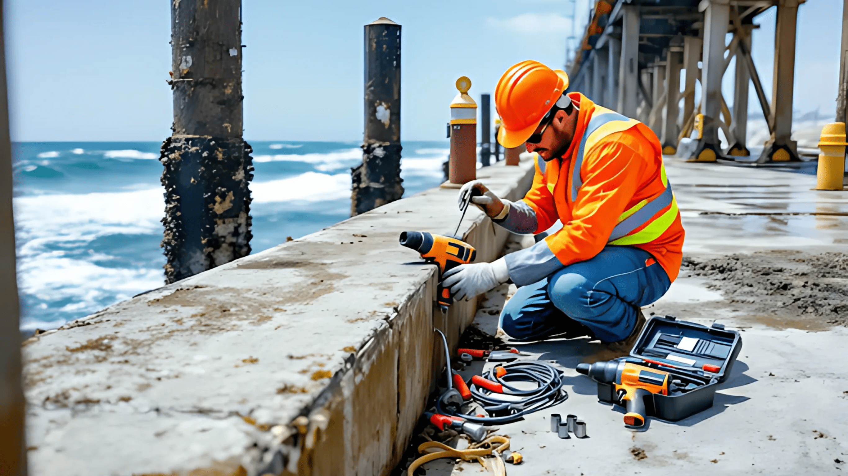 A construction worker in a hard hat and vest uses tools to repair a seawall near the ocean with waves crashing in the background.