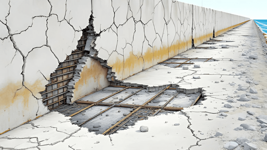 A severely cracked seawall with exposed rebar and broken concrete, showing significant structural damage along the coastline.