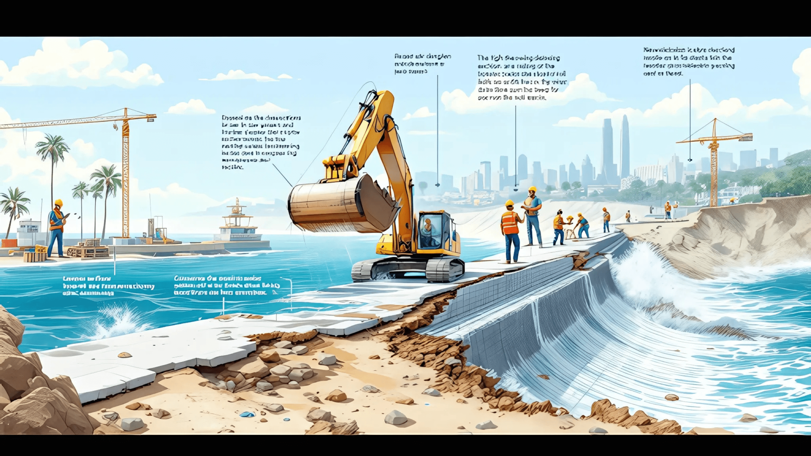 Construction workers repair a damaged seawall with heavy machinery near a coastline, waves crashing against the structure.