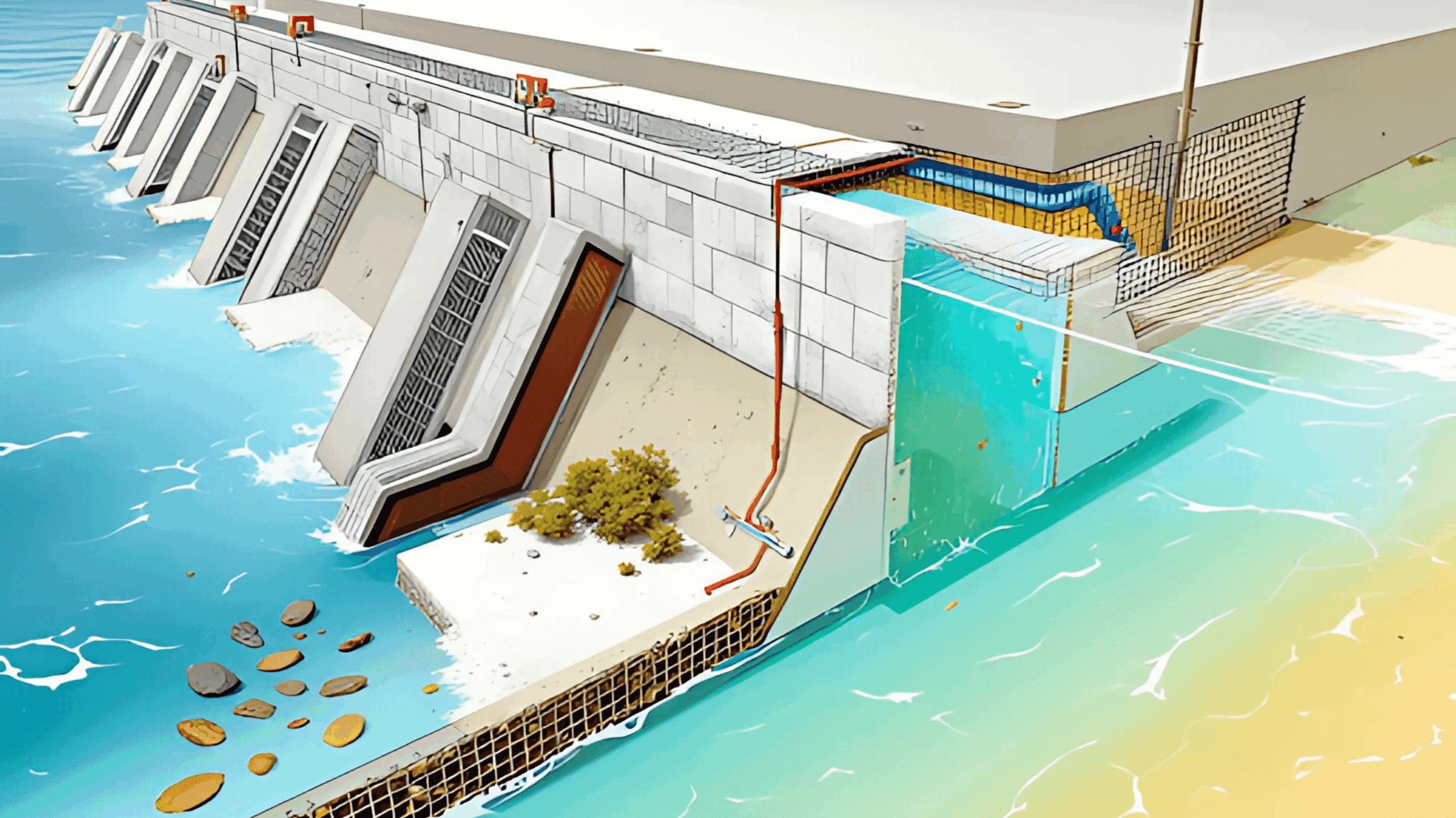A detailed cross-section of a seawall system showing reinforced panels, drainage pipes, and wave energy dissipation features.