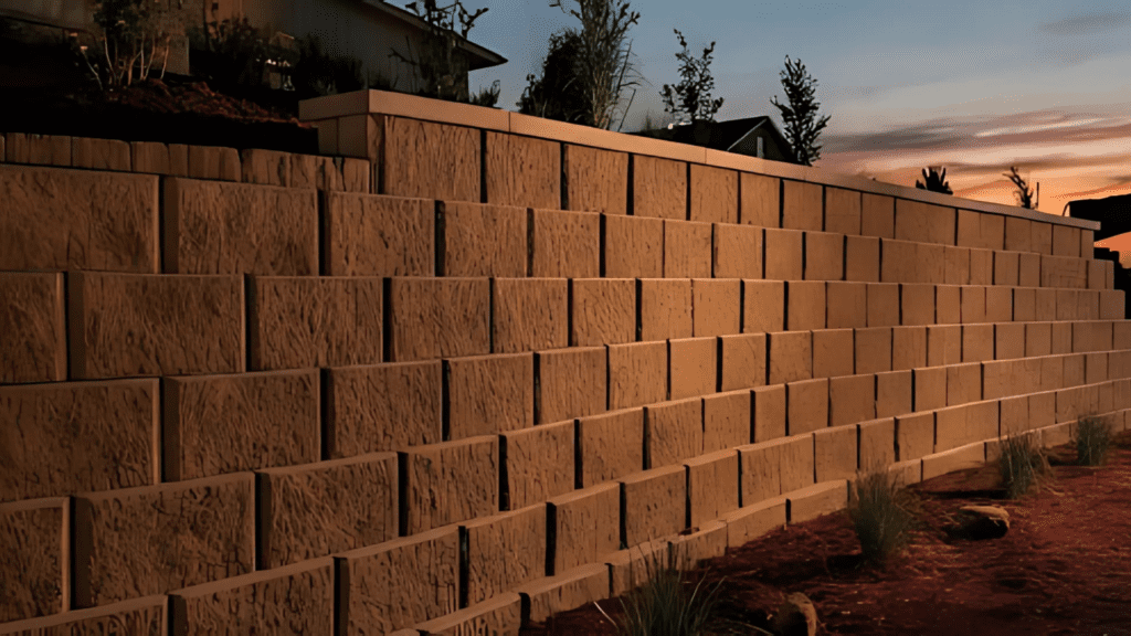 A retaining wall made of textured concrete blocks, with small plants and landscaping at the base, captured at sunset.