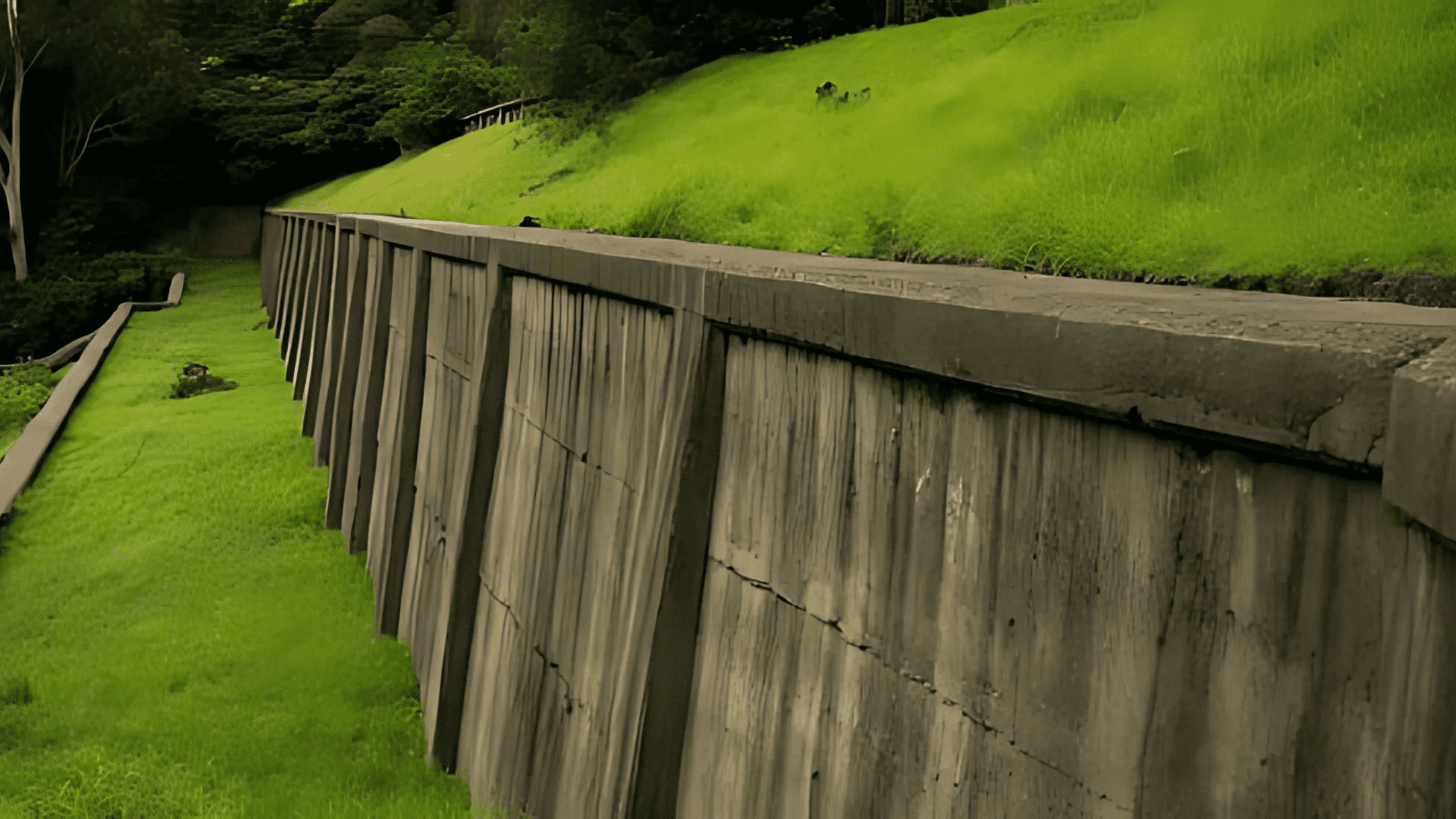 A tall concrete retaining wall supporting a lush green slope, surrounded by trees and vegetation in a tranquil setting.