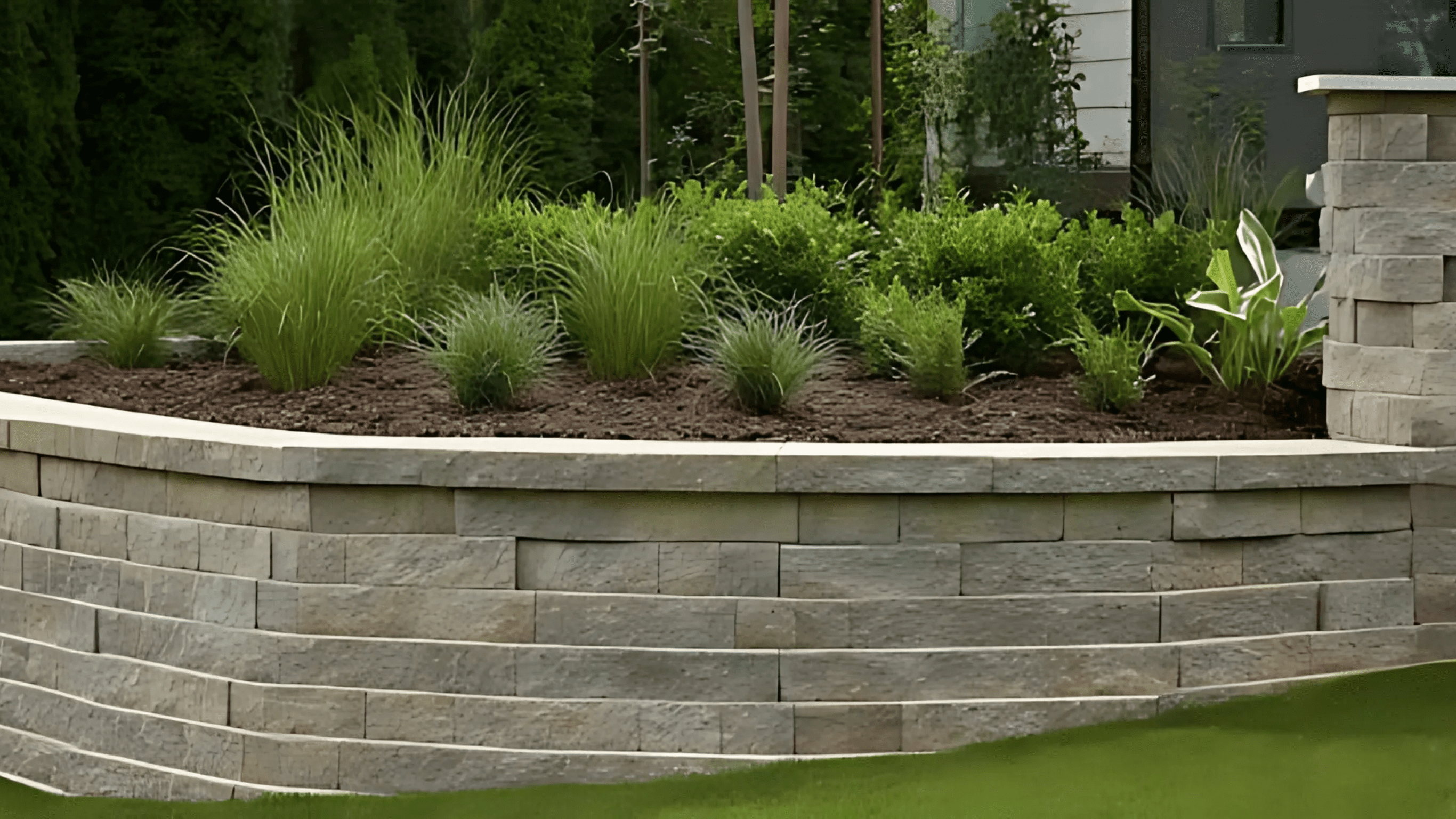 A neatly constructed stone retaining wall with landscaped greenery and ornamental grasses in a modern garden setting.