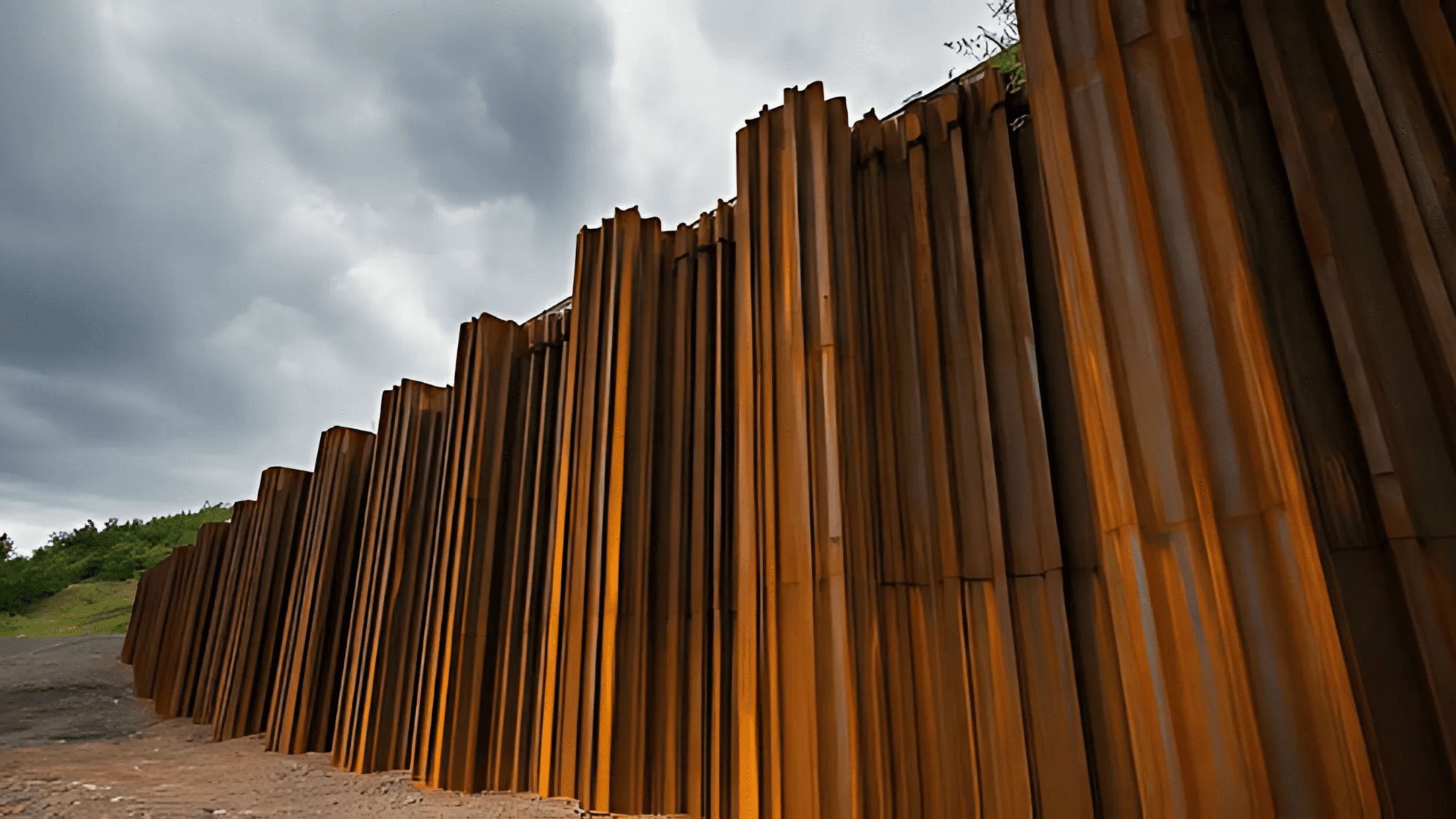 A tall, weathered steel sheet pile retaining wall with a rugged texture, set against a cloudy sky and surrounding greenery.