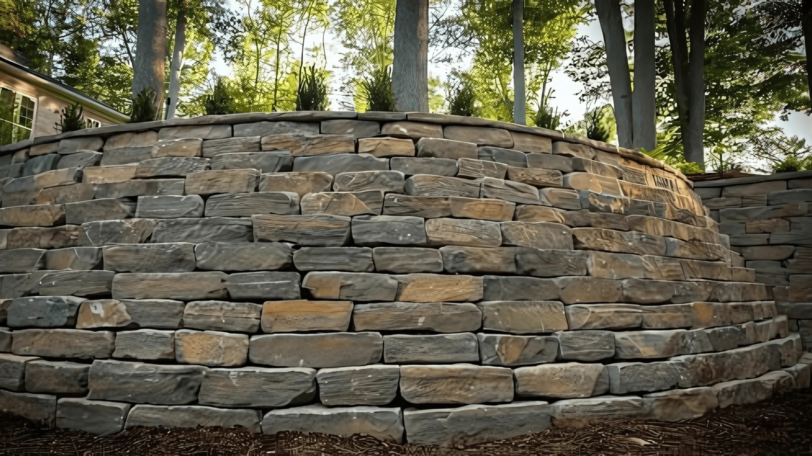 A curved retaining wall made of stacked natural stone blocks, surrounded by trees and a landscaped garden area.