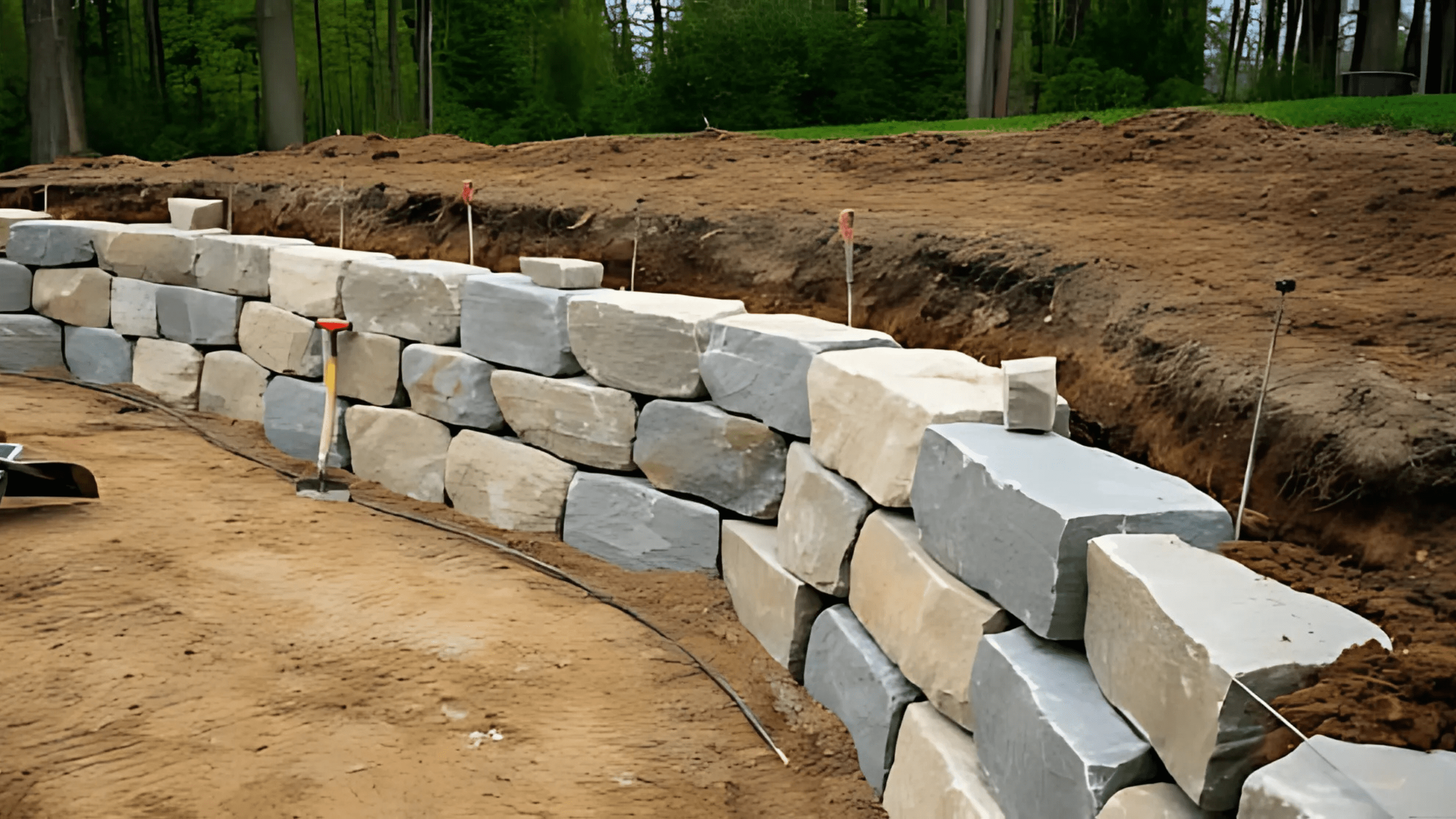 A partially constructed stone retaining wall with stacked gray blocks, surrounded by soil and tools at a wooded site.