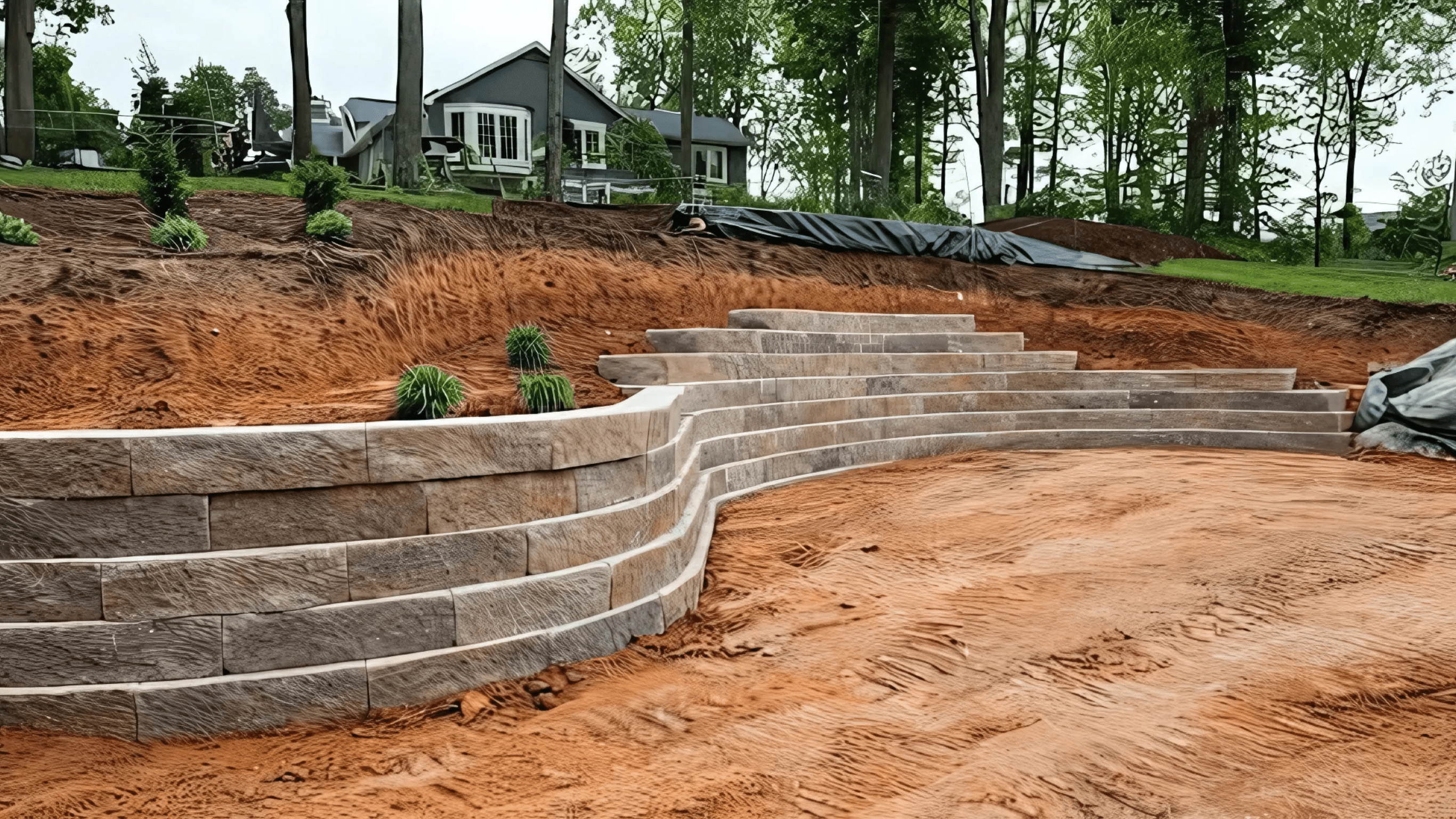 A tiered stone retaining wall under construction with freshly graded soil, young plants, and a house in the background.