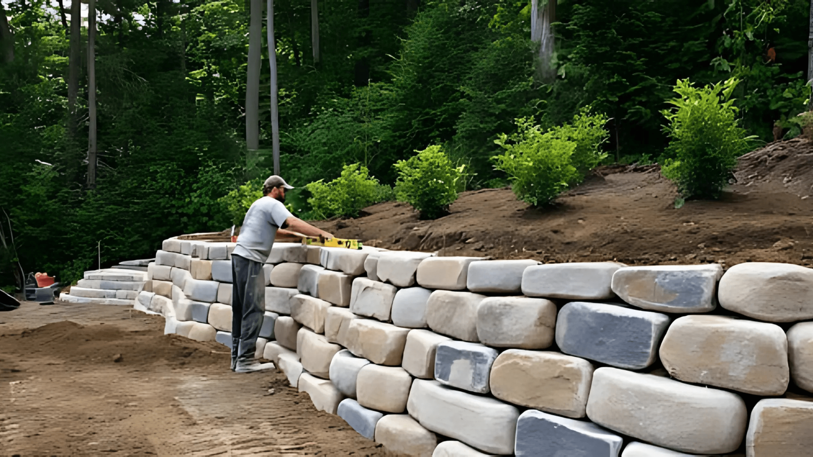 A worker uses a level to align stones on a curved retaining wall with soil, shrubs, and a forested background.