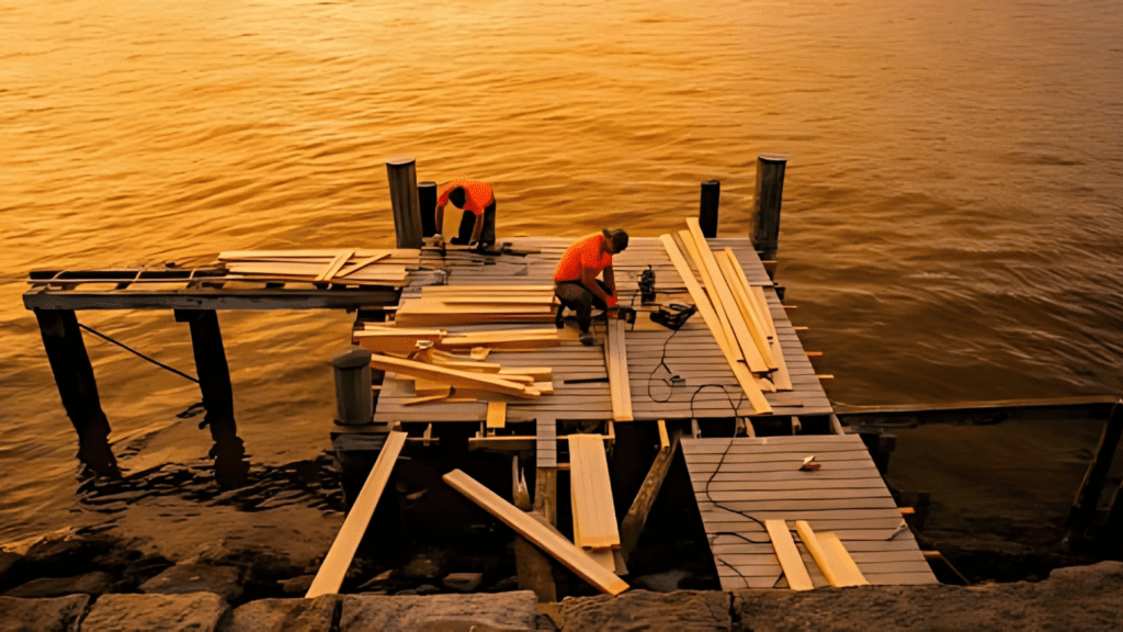 Two workers constructing a wooden dock over calm water during a golden sunset, surrounded by scattered planks and tools.