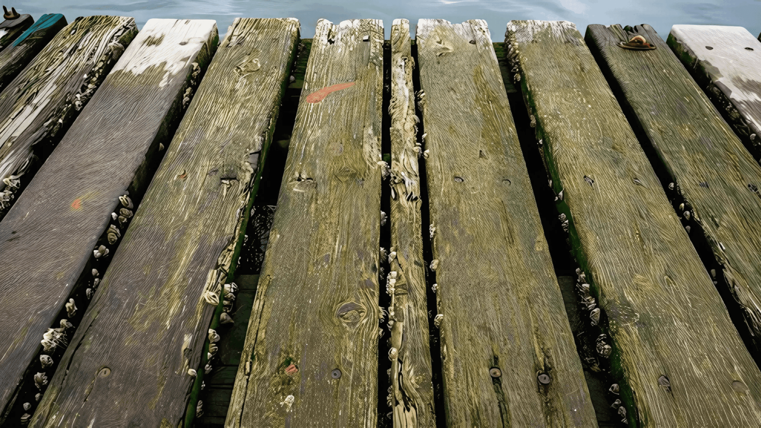 Close-up of weathered wooden dock planks covered in moss and barnacles, with calm water visible between the gaps.