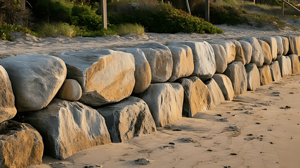 A sturdy rock retaining wall along a sandy shoreline, designed to prevent erosion and stabilize the land above.