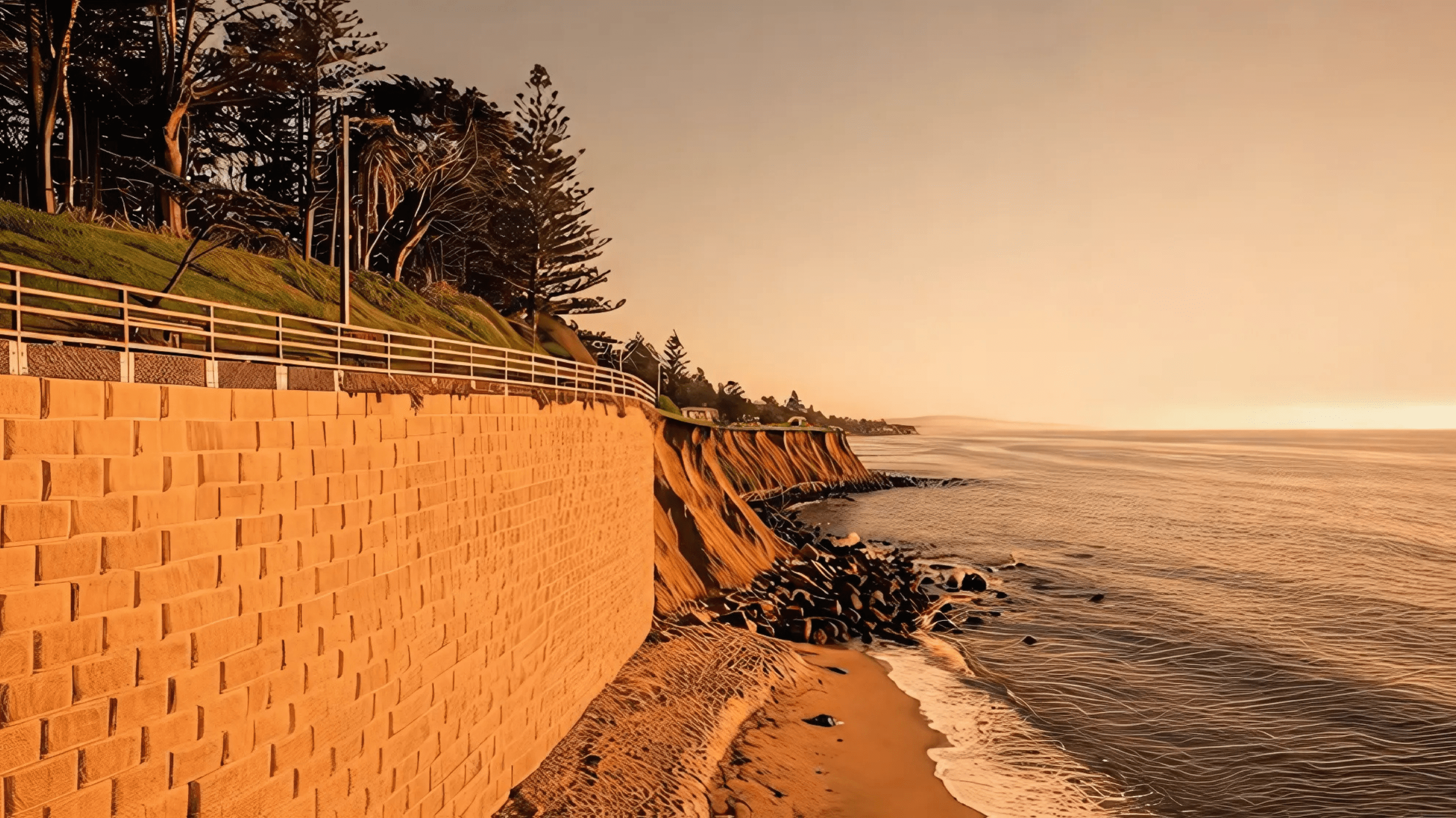 A coastal retaining wall with a brick design protects the cliffside from erosion, bordered by greenery and overlooking the ocean.