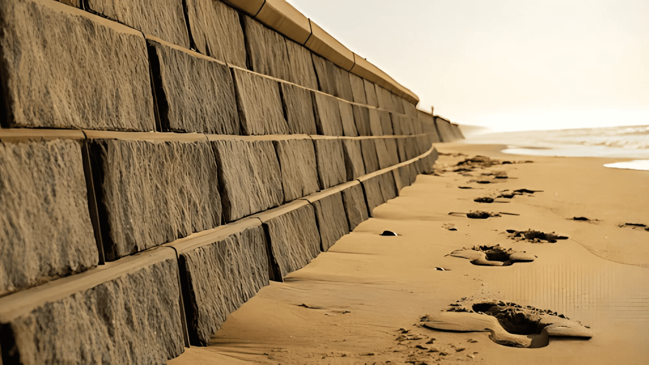 A close-up view of a textured stone retaining wall on a sandy beach, with footprints leading toward the shoreline in the distance.