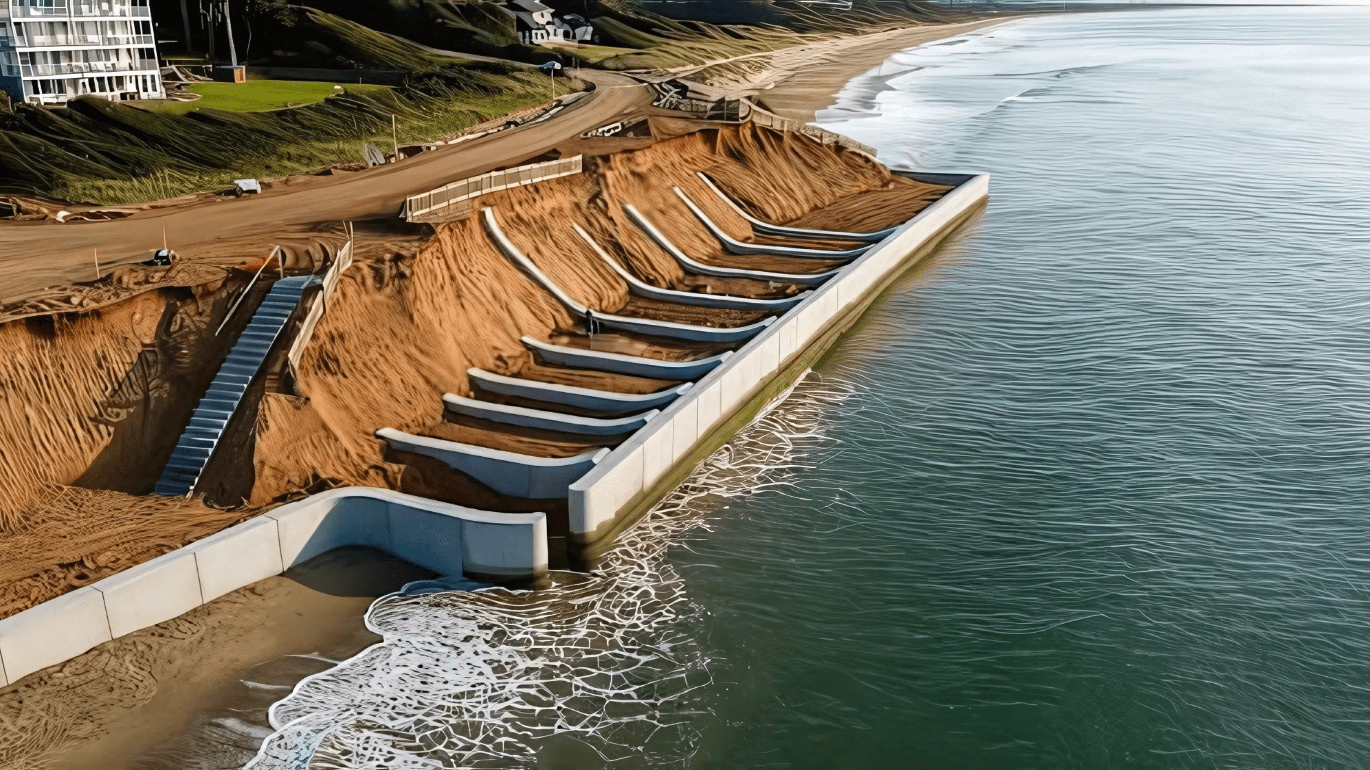 A large coastal retaining wall with tiered reinforcements to protect an eroded hillside, overlooking a calm shoreline.