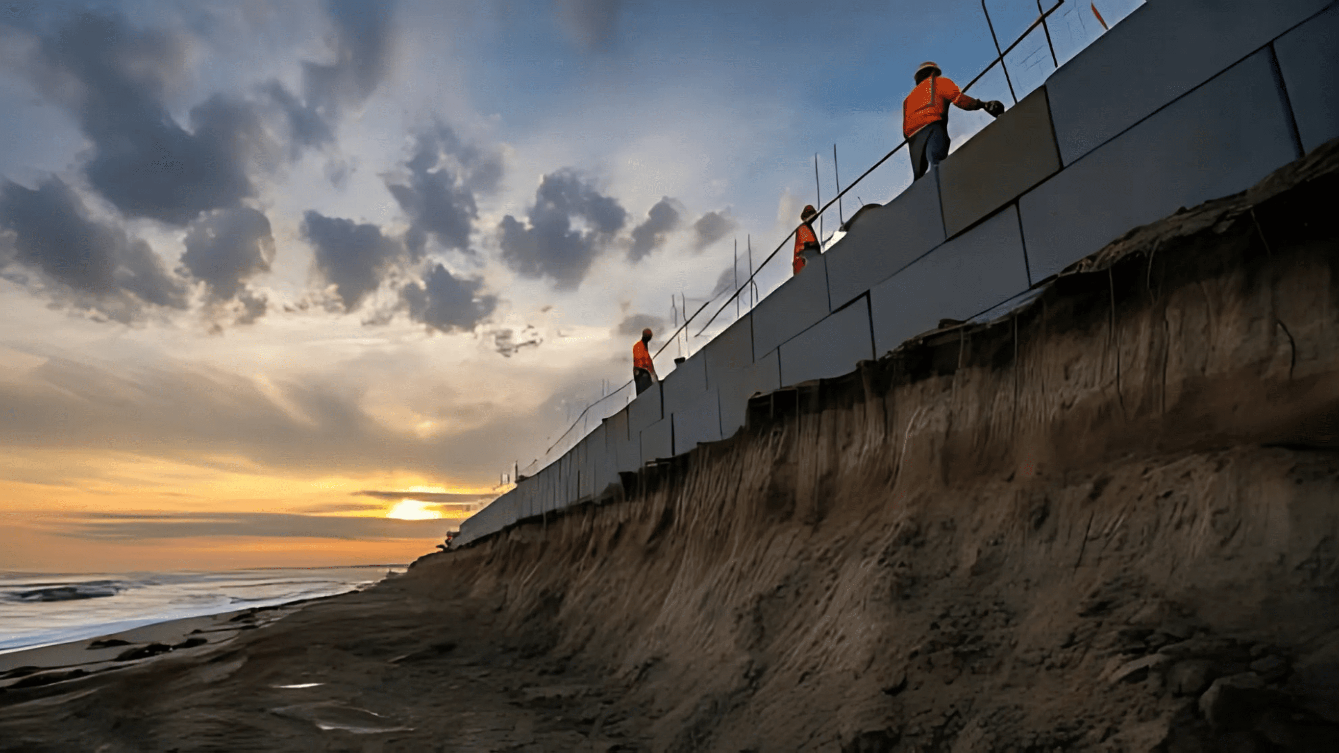 Workers in orange safety vests building a retaining wall on an eroded coastal cliff at sunset, overlooking the beach below.