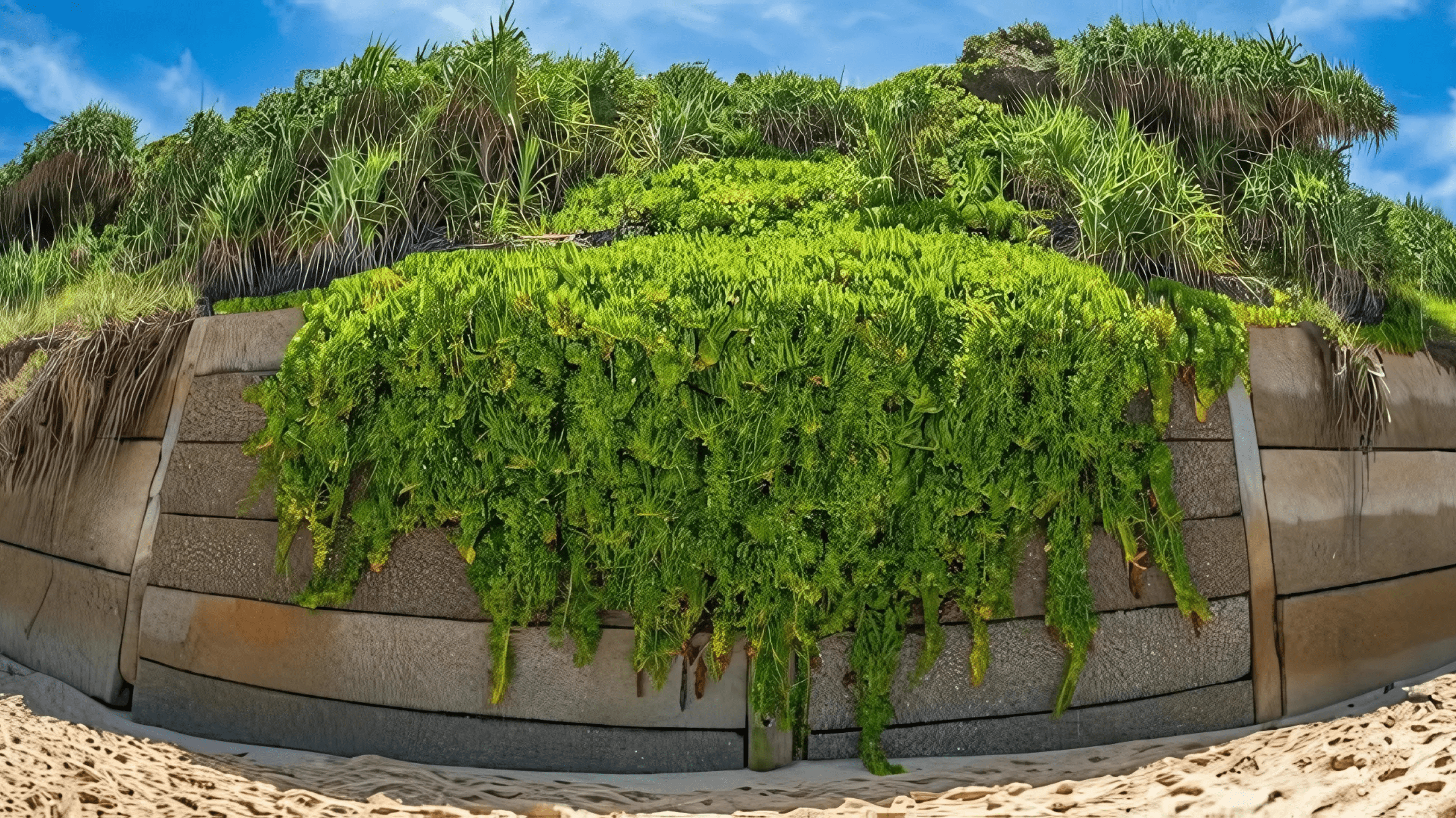 A retaining wall with lush green vegetation cascading over its edges, blending into the surrounding dunes and plants.