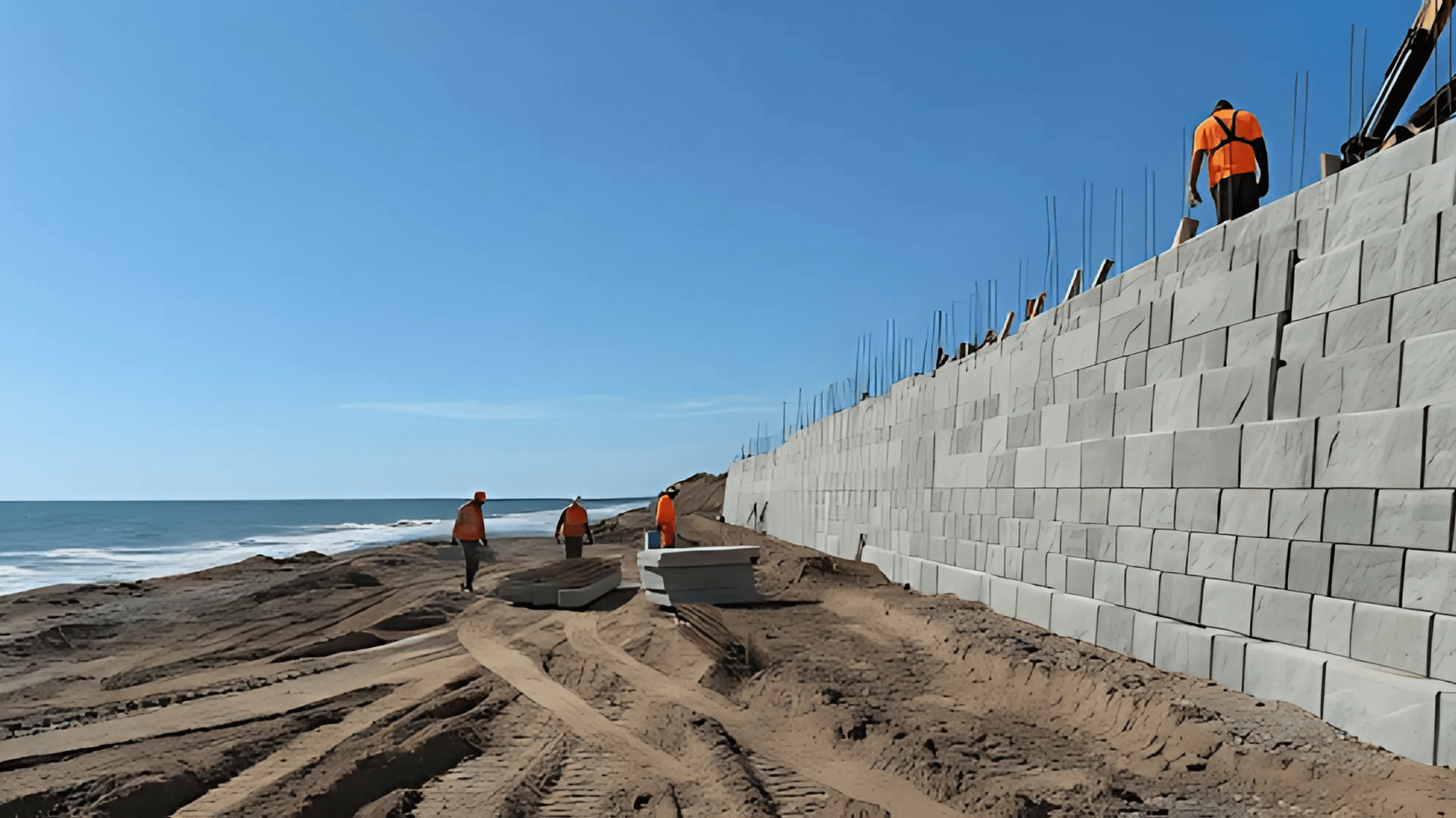 Construction workers in safety gear building a large concrete retaining wall along a sandy coastal area under a clear blue sky.