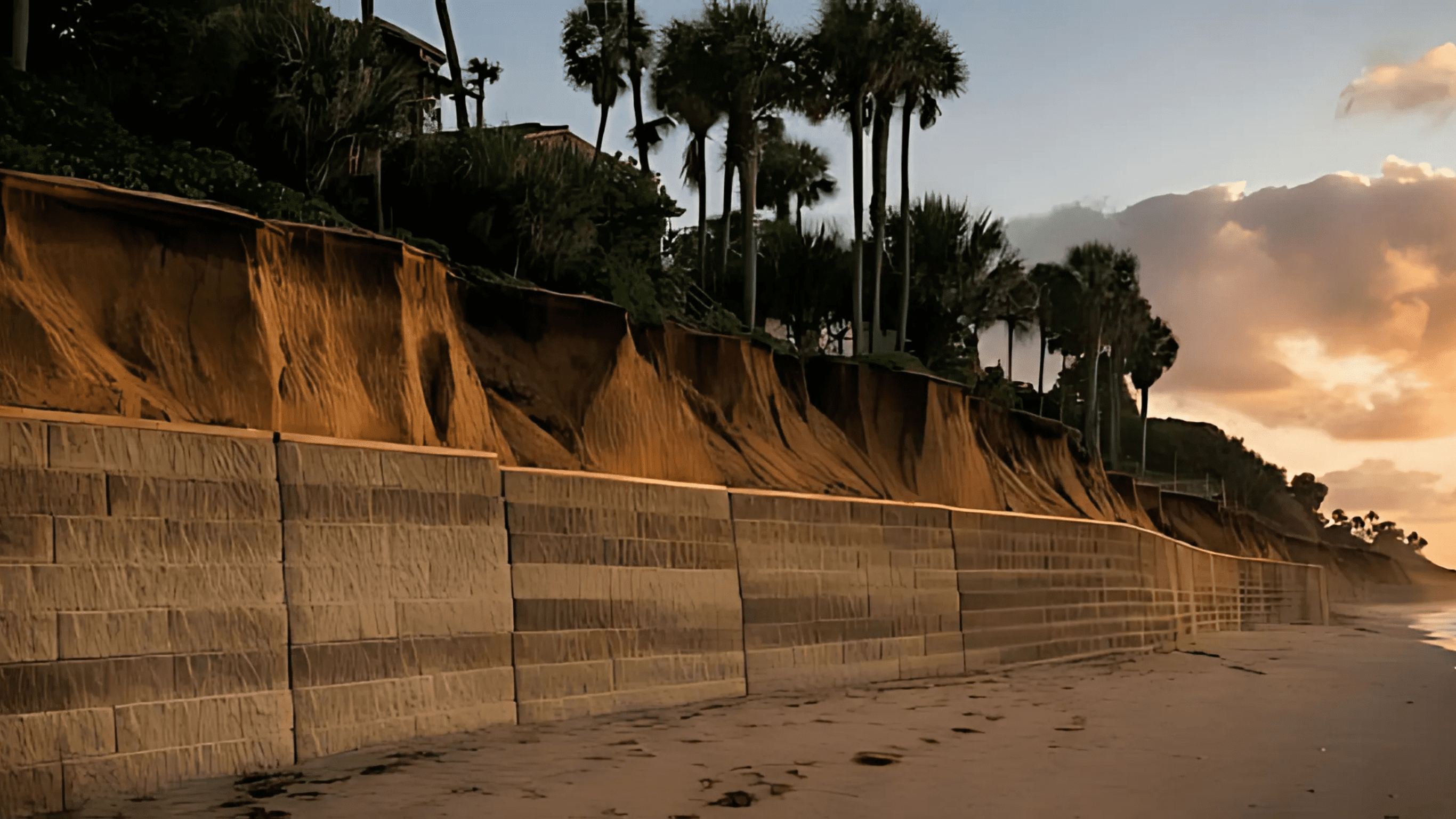 A retaining wall made of concrete blocks lines a sandy beach, preventing erosion from steep cliffs topped with palm trees.