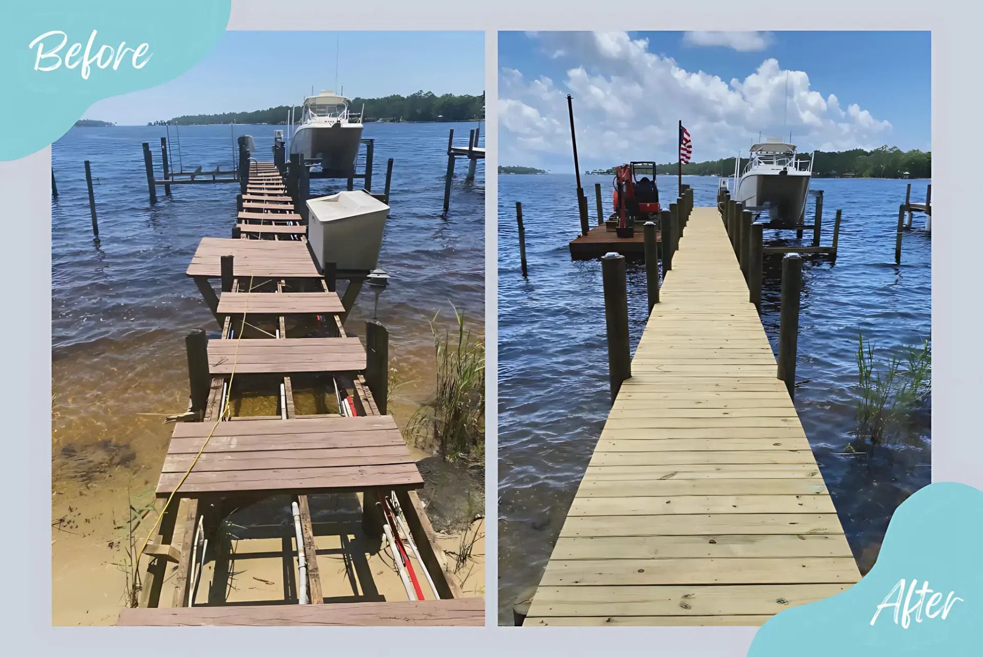Side-by-side before and after images of a dock renovation, showing a damaged structure replaced by a sturdy wooden dock.