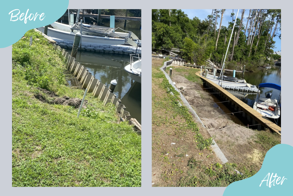 Before-and-after comparison of a seawall repair, showing a damaged seawall replaced with a new structure alongside boats and greenery.