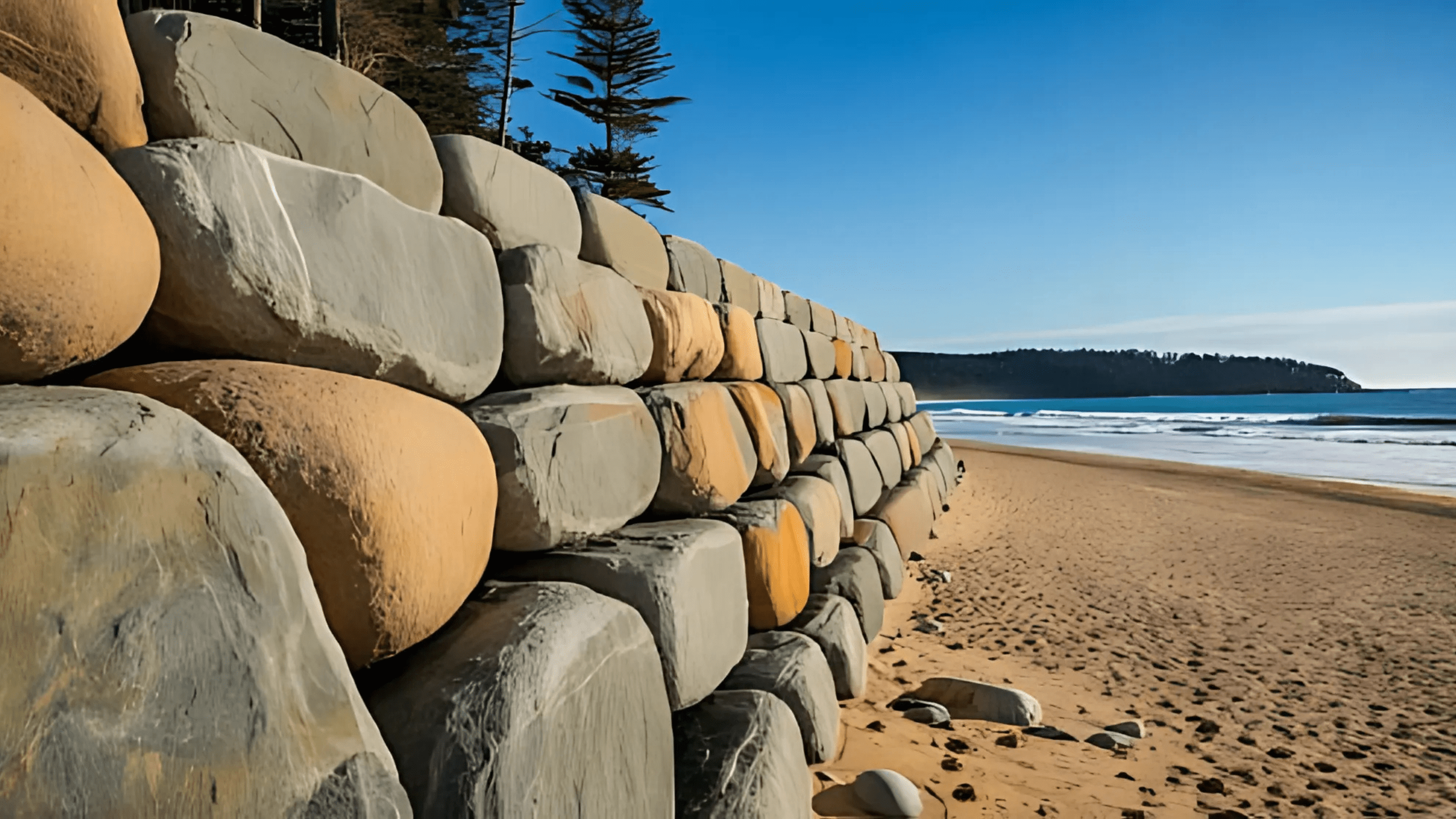 Stacked stone retaining wall along a sandy beach with gentle ocean waves and a distant forested headland under a clear sky.