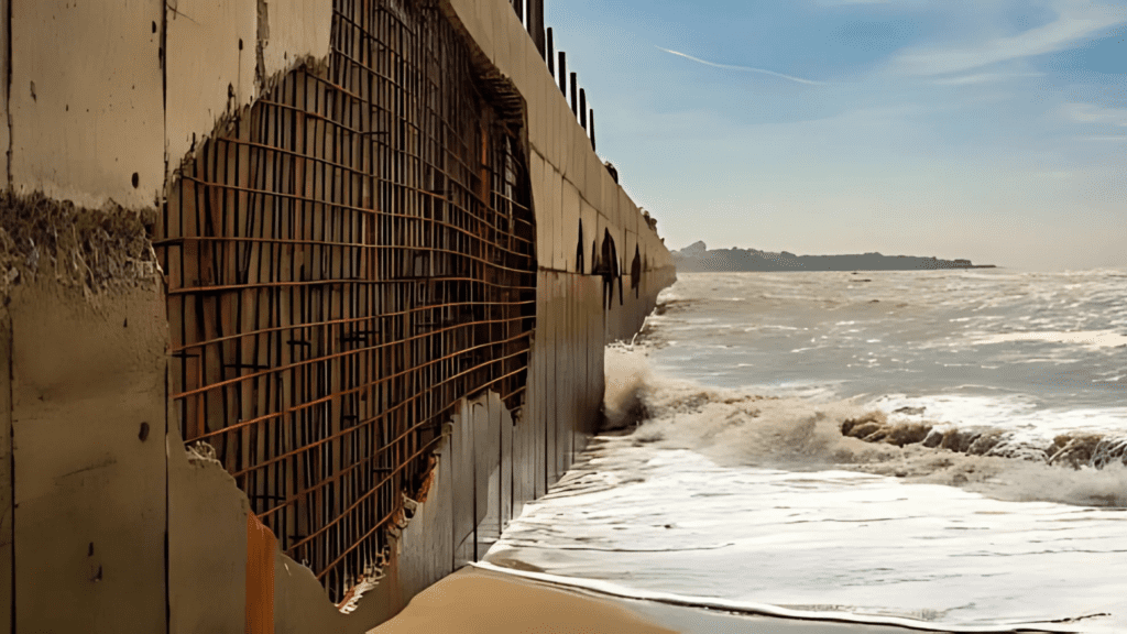 Eroded concrete retaining wall with exposed rebar facing crashing ocean waves under a sunny sky with distant land in view.