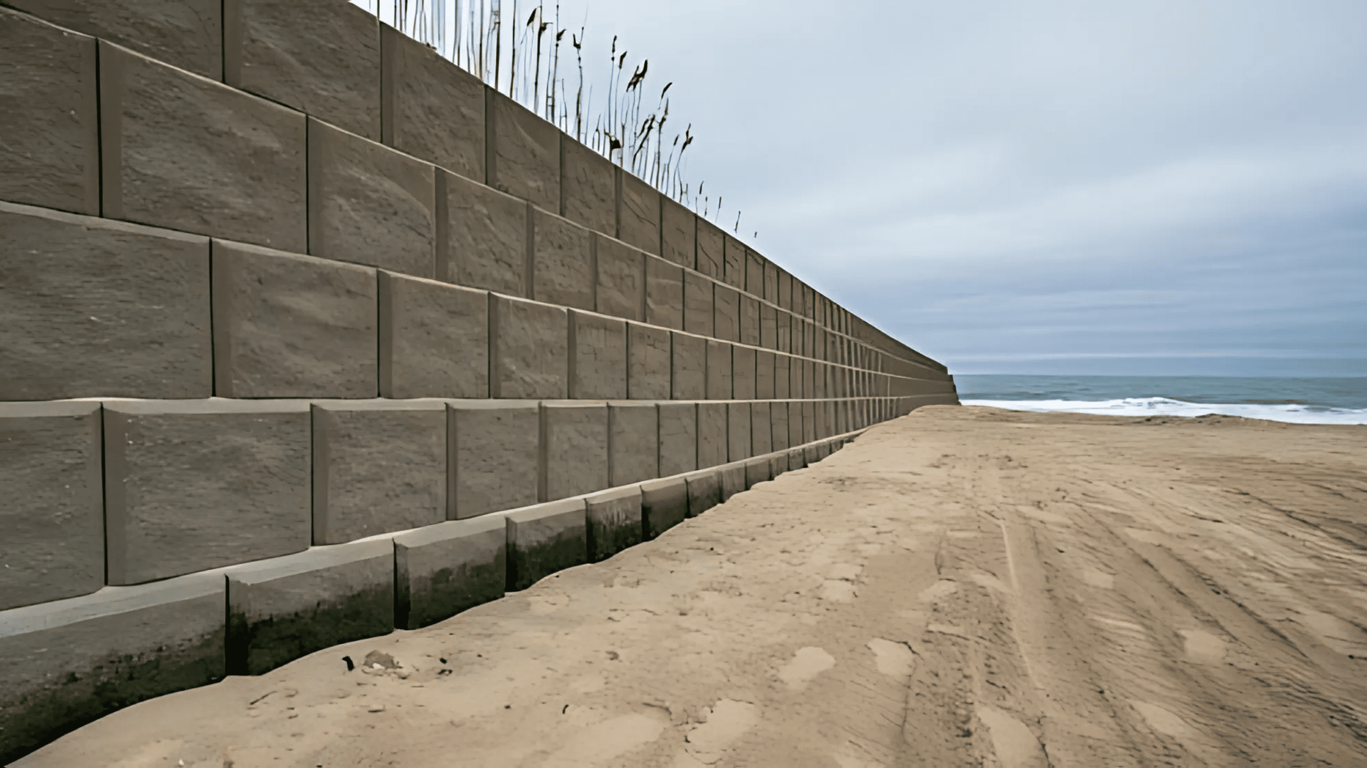 Tall concrete retaining wall with rows of blocks along a sandy shoreline, facing the ocean under a cloudy sky.