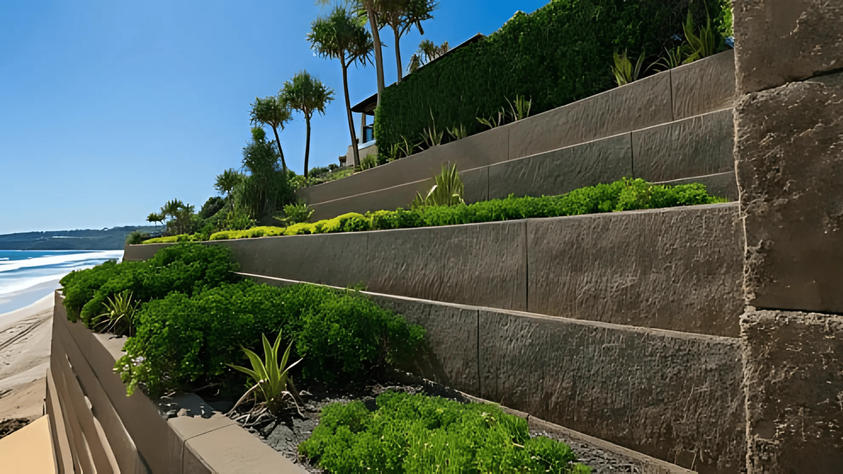 Tiered retaining wall with lush green plants overlooking a sandy beach and ocean under a bright blue sky.
