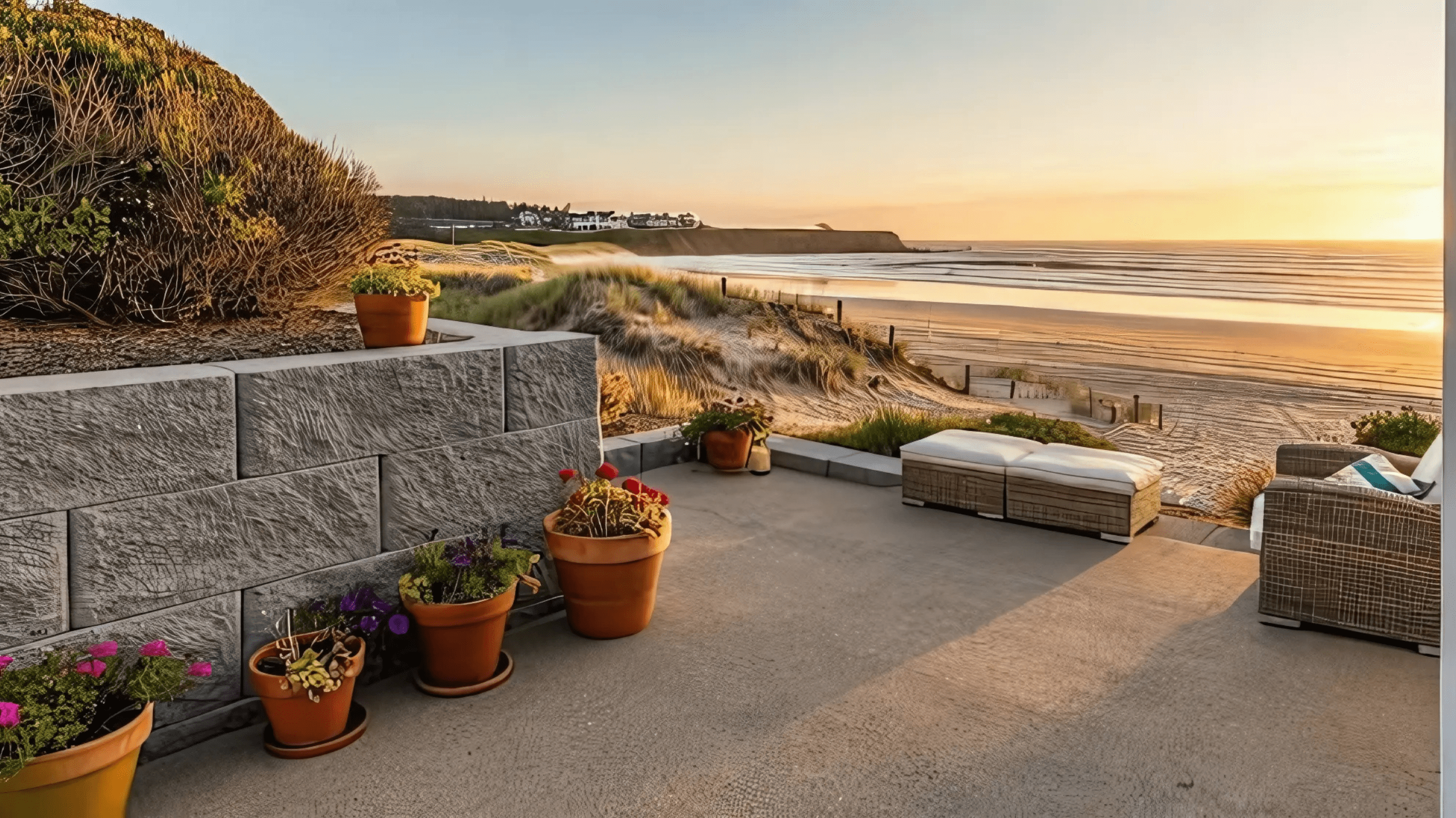 Stone retaining wall with potted flowers on a patio overlooking sand dunes, a calm beach, and a golden sunset over the ocean.
