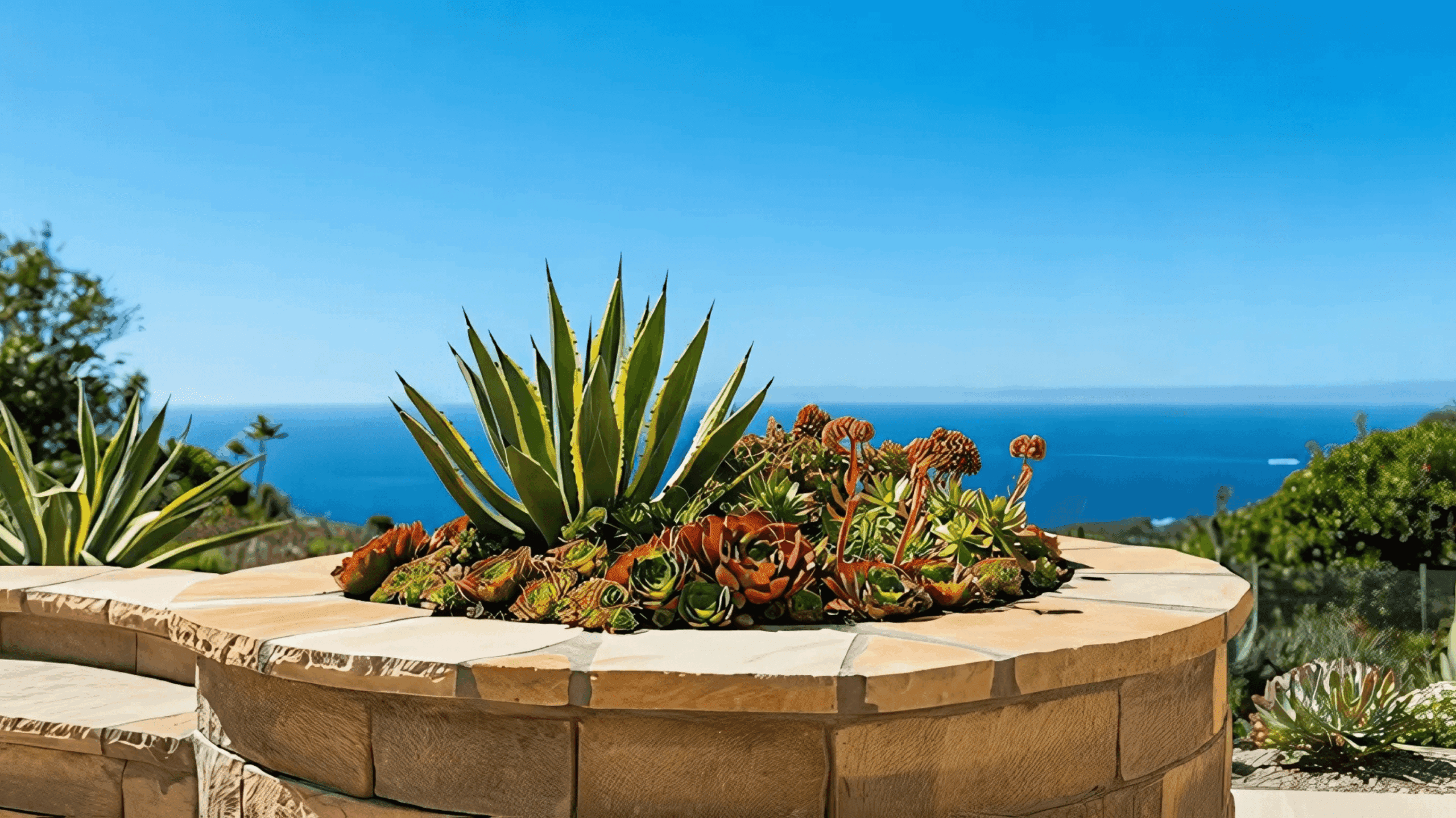 Circular stone retaining wall with vibrant succulents and agave plants, overlooking a clear blue ocean under a sunny sky.