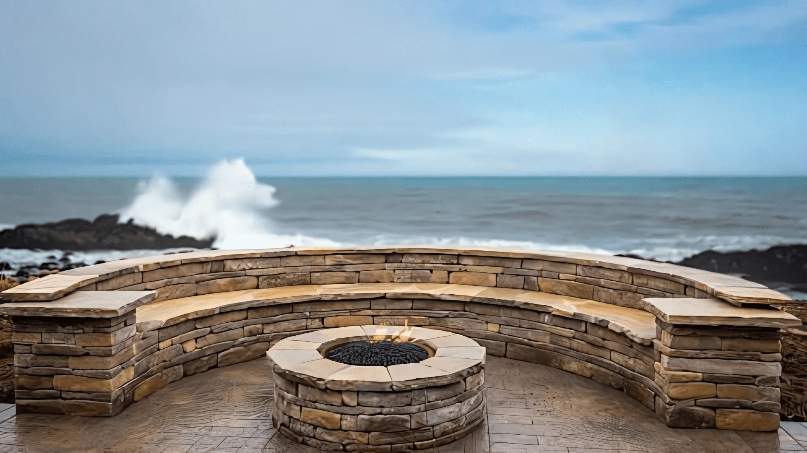 Curved stone seating with a fire pit overlooking crashing waves on a rocky shoreline under a cloudy blue sky.