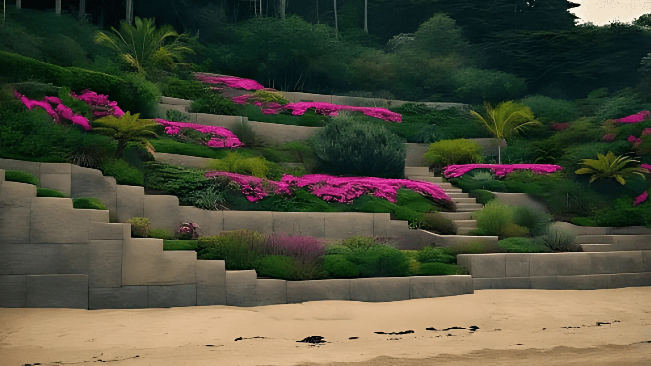 Tiered retaining wall with vibrant pink flowers, lush greenery, and palm trees overlooking a sandy beach and dense forest backdrop.