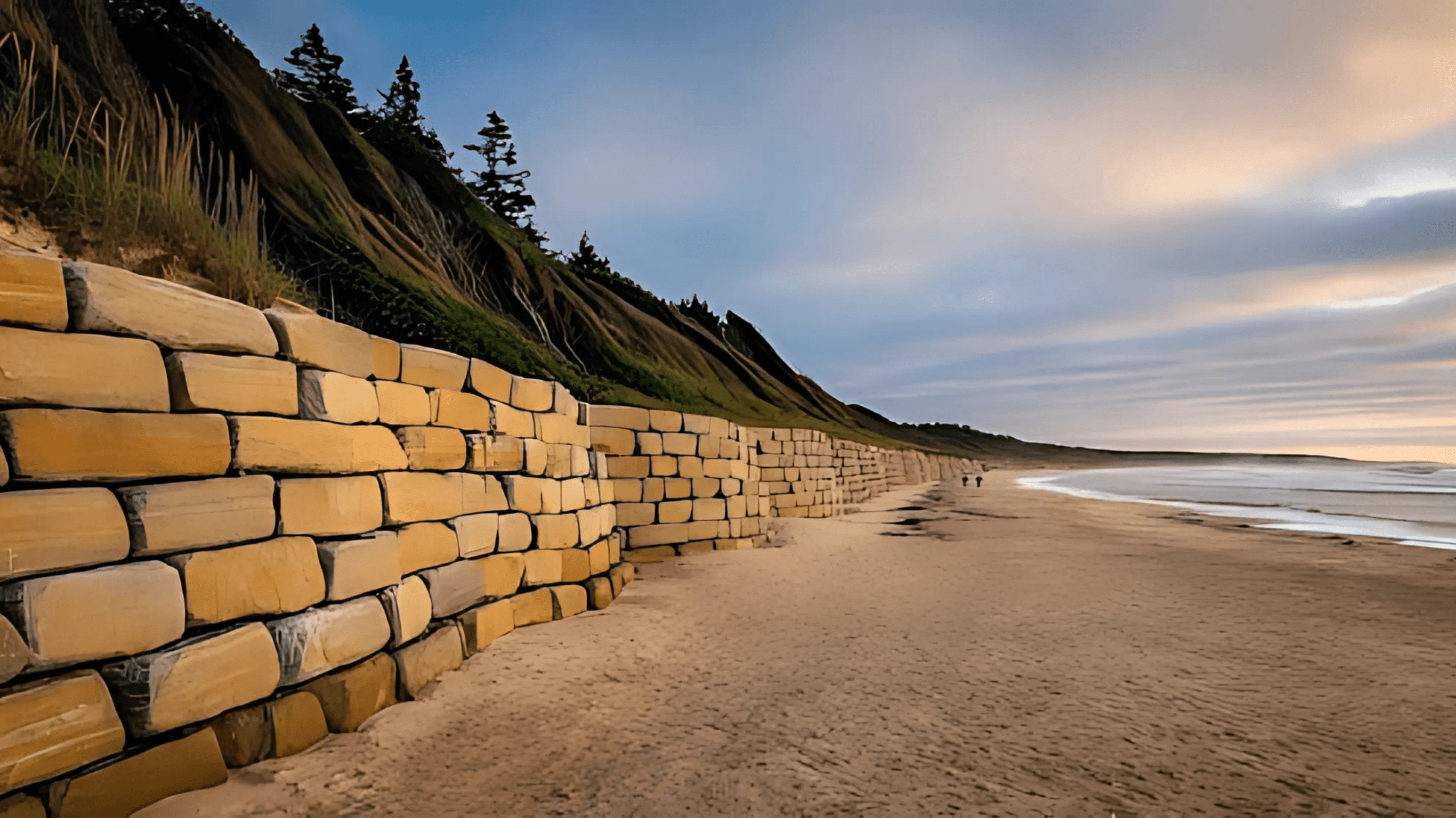 Massive stone retaining wall along a sandy beach with grassy cliffs and ocean waves under a pastel-colored evening sky.