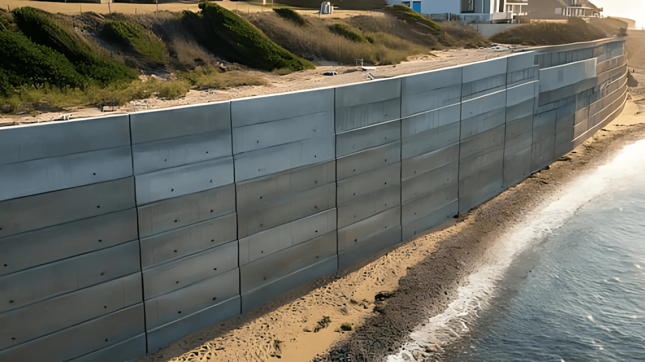 Tall metal retaining wall along a narrow sandy beach with grassy slopes and coastal houses under a clear, sunny sky.