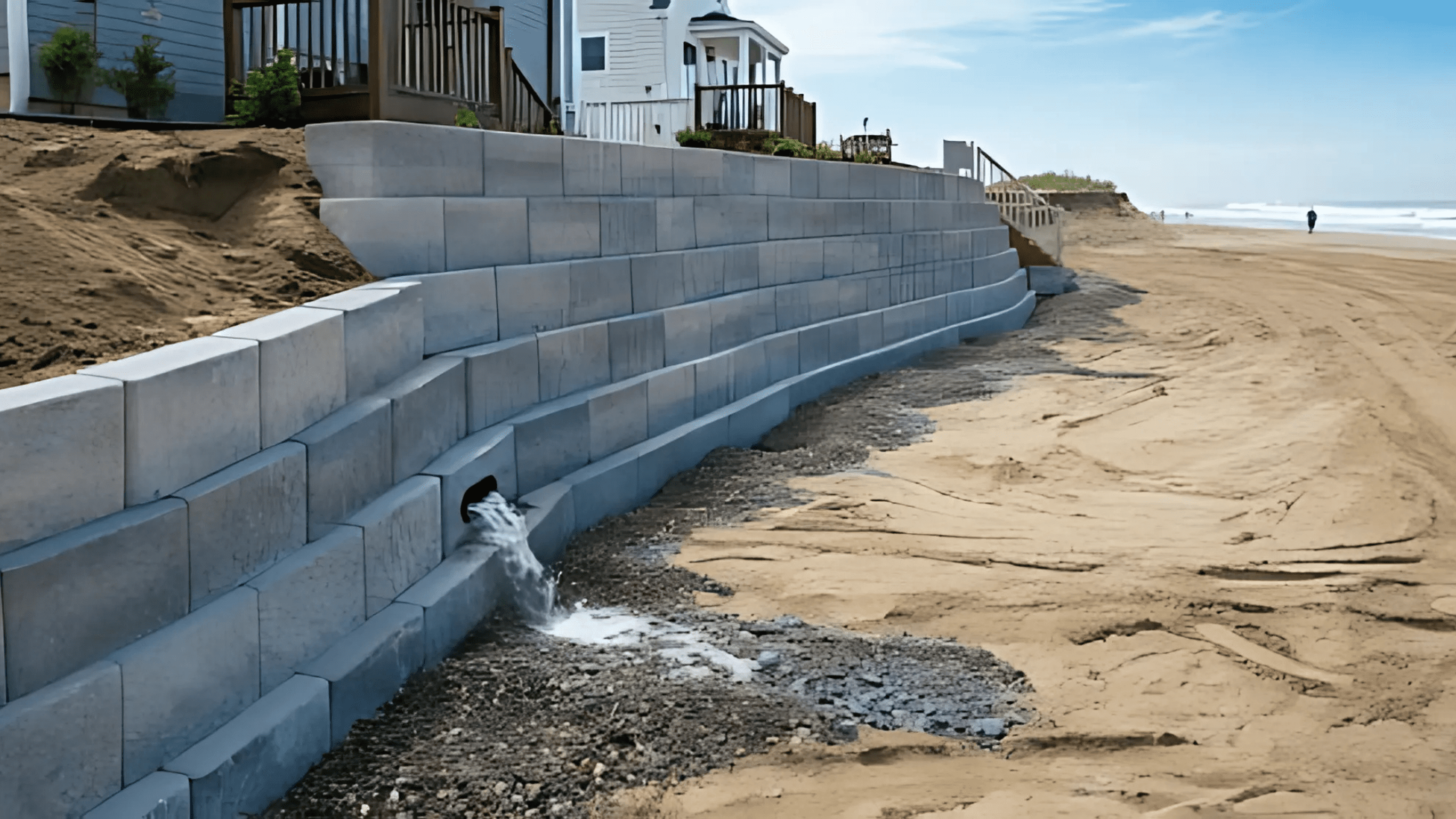 Curved concrete retaining wall with a drainage pipe releasing water, located near beachfront homes and a sandy shoreline.