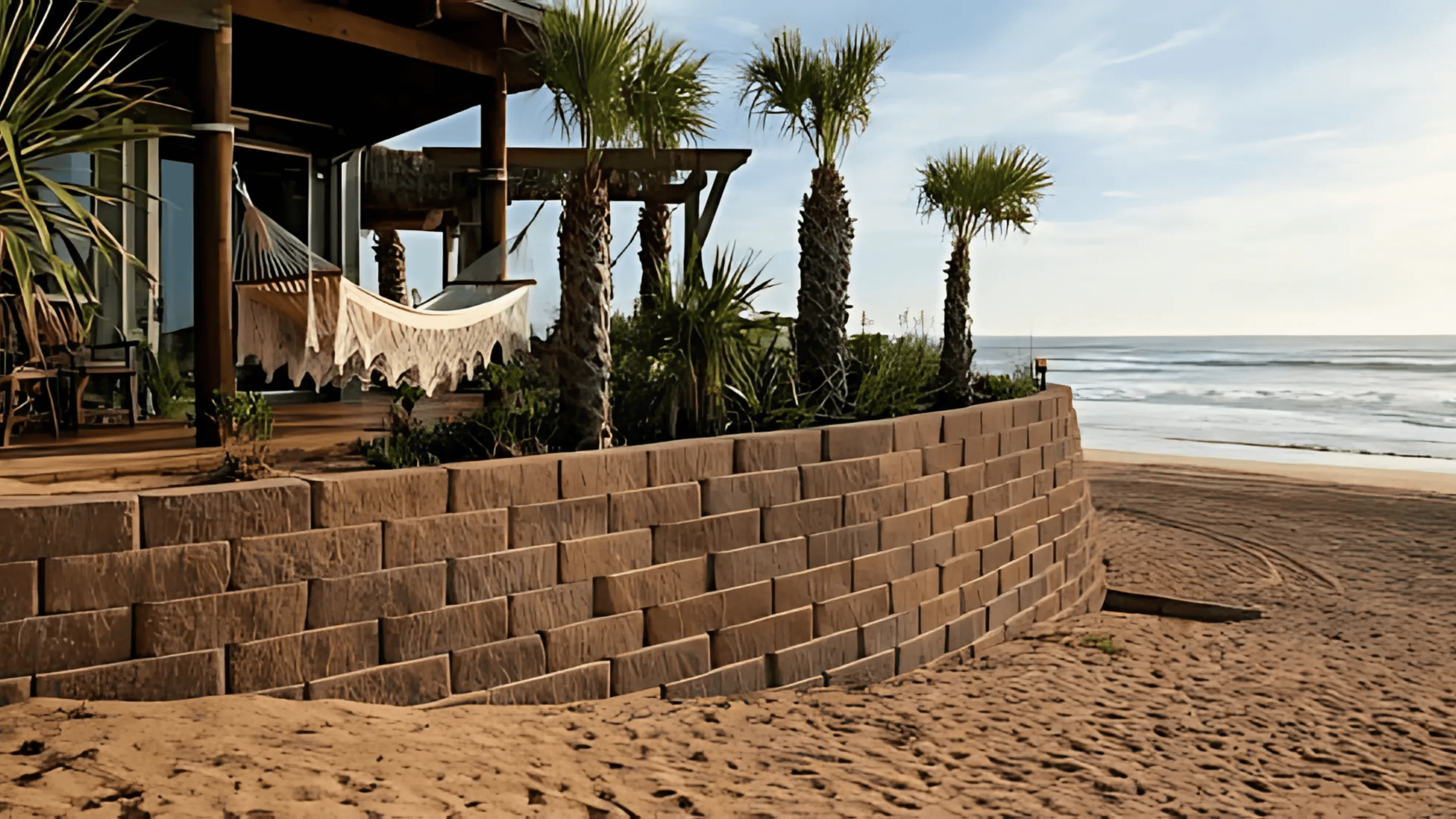 Stone retaining wall with palm trees and a cozy hammock on a beachfront patio overlooking sandy shores and the ocean.