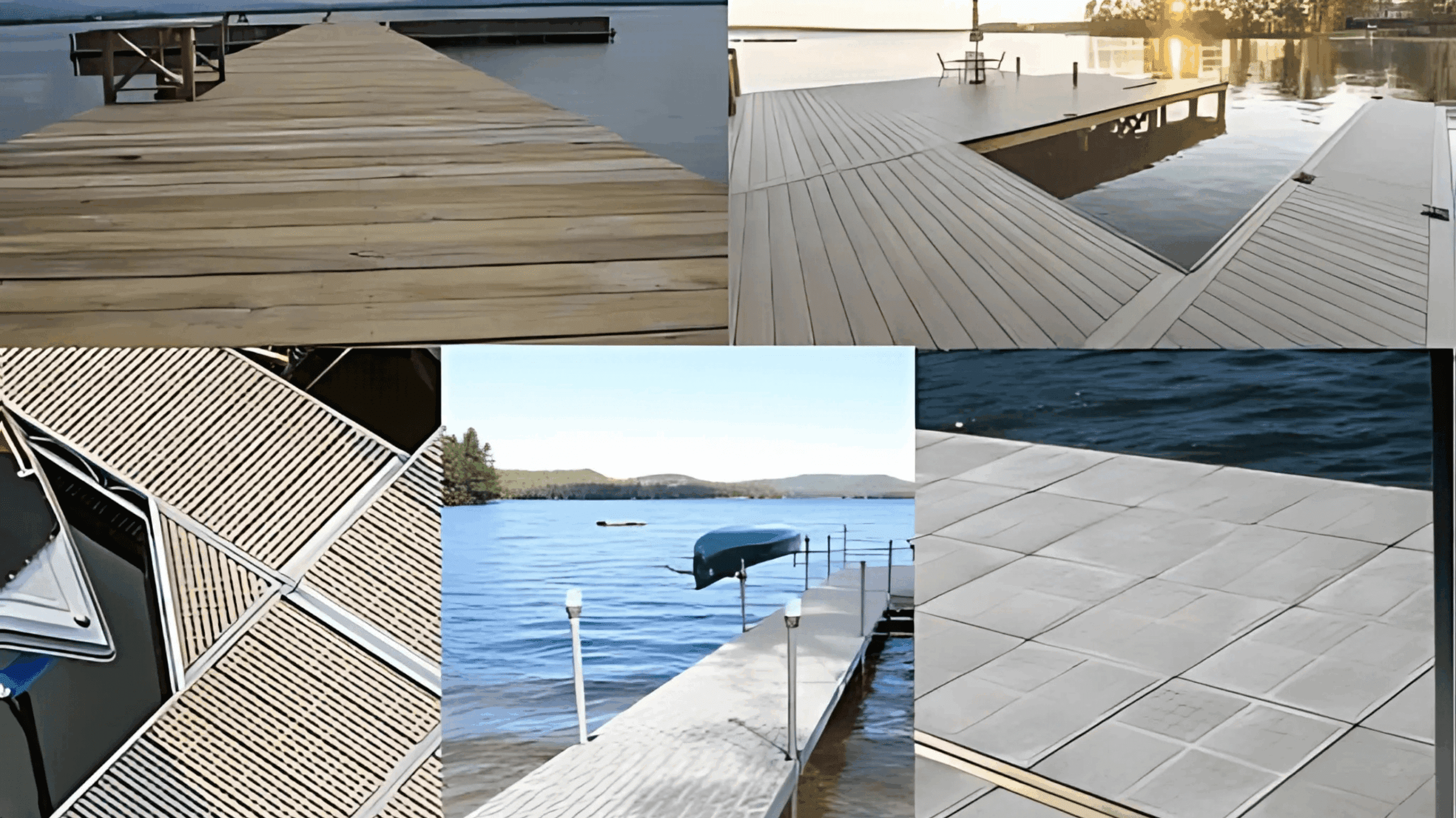 Collage of various boat docks, including wooden, aluminum, and modular designs, extending over calm lakes and waterways.