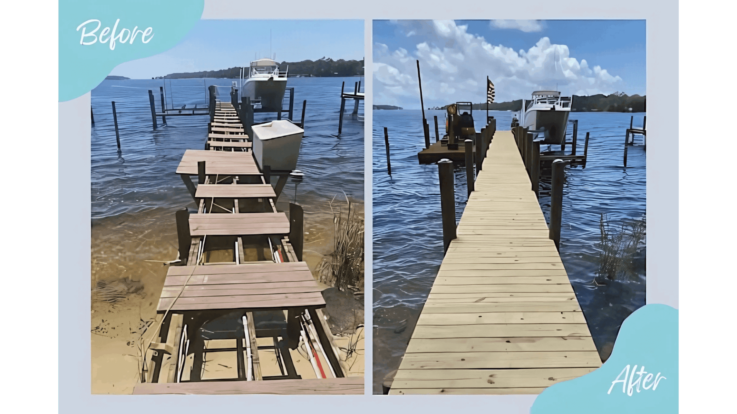 Side-by-side before and after images of a boat dock repair, showing a damaged dock replaced with a sturdy wooden structure.