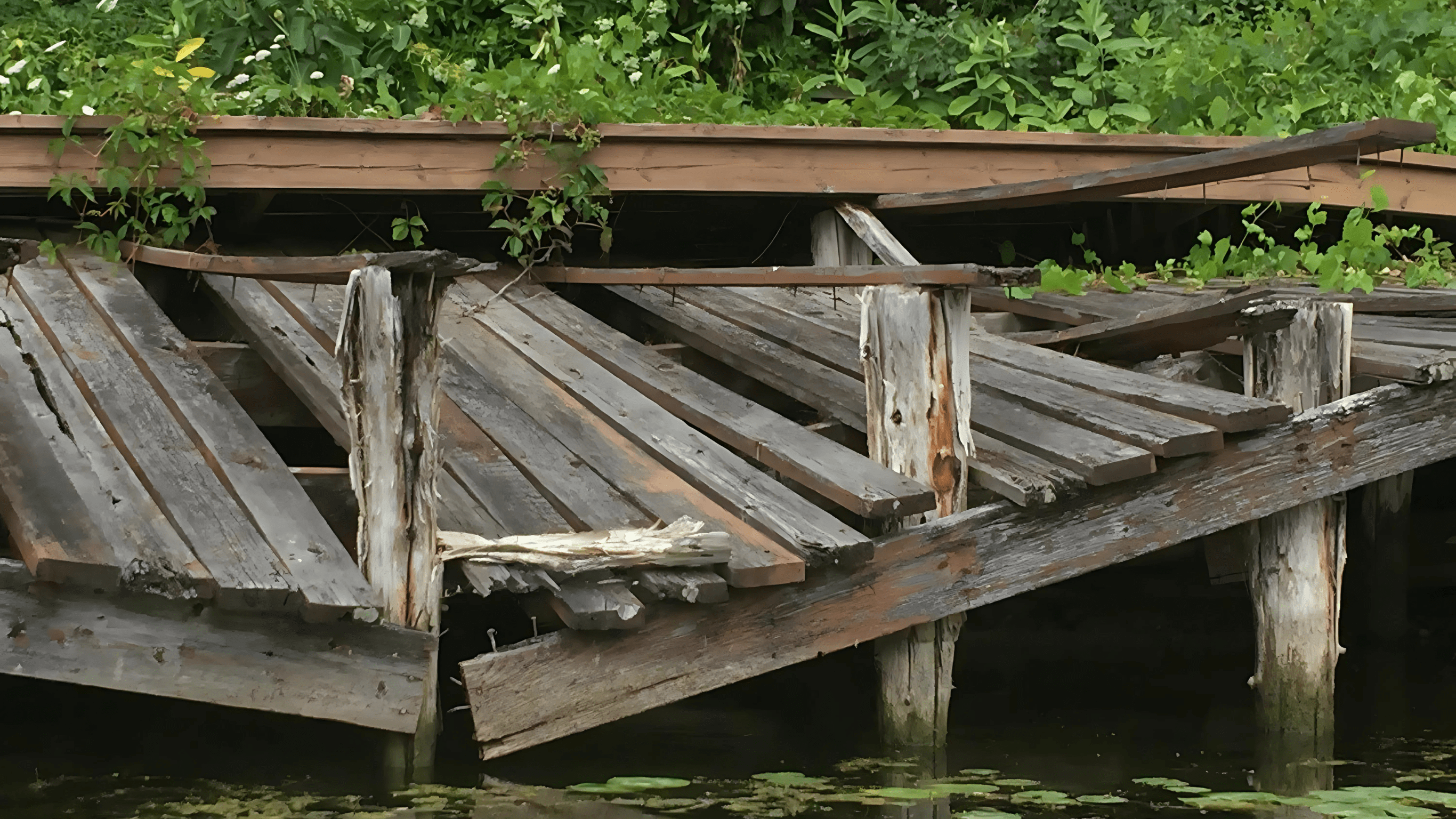A collapsed wooden dock with rotting planks and broken support beams sits over the water, highlighting the need for urgent dock repair.