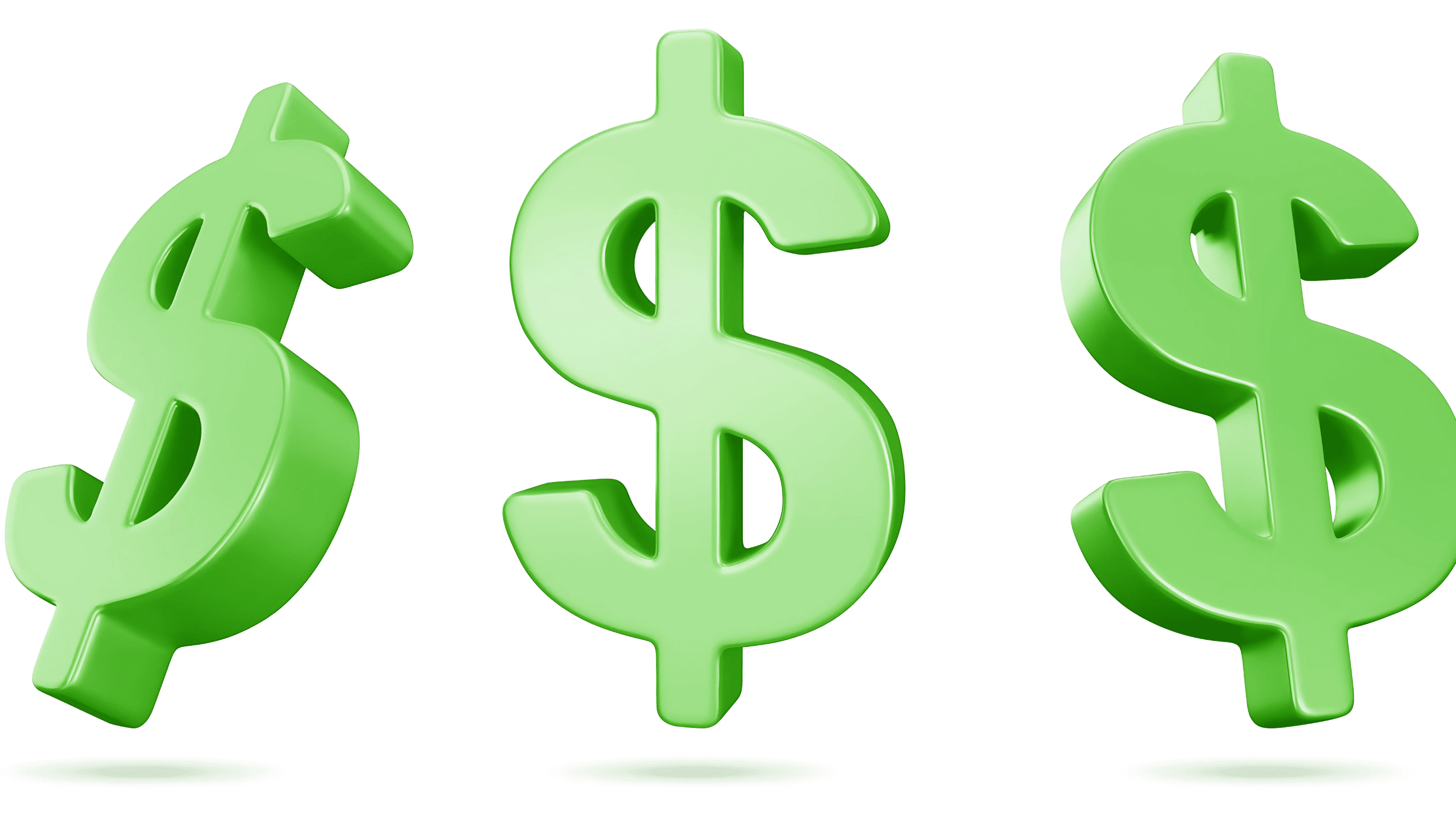 Three large green dollar signs arranged in a row, each with a shiny and reflective 3D appearance against a white background